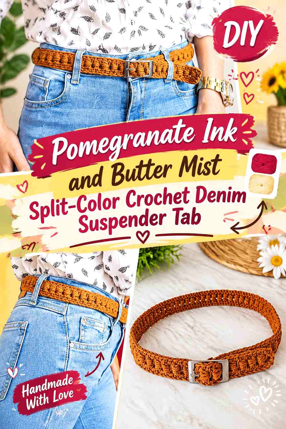 Pomegranate Ink and Butter Mist Split-Color Crochet Denim Suspender Tab