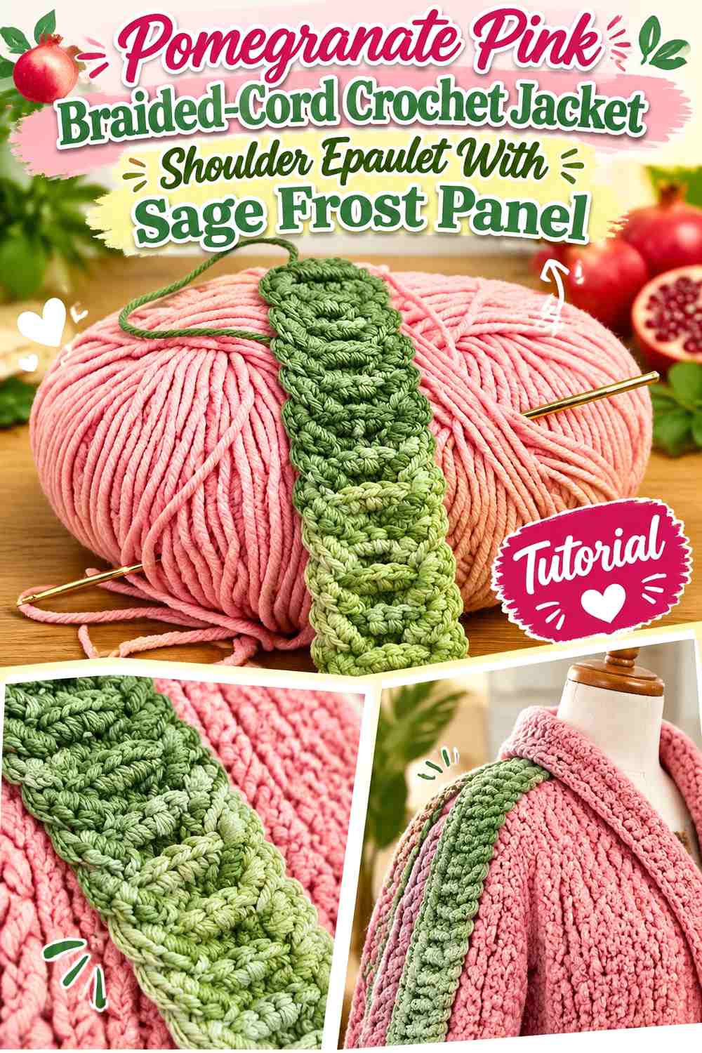 Pomegranate Pink Braided-Cord Crochet Jacket Shoulder Epaulet With Sage Frost Panel