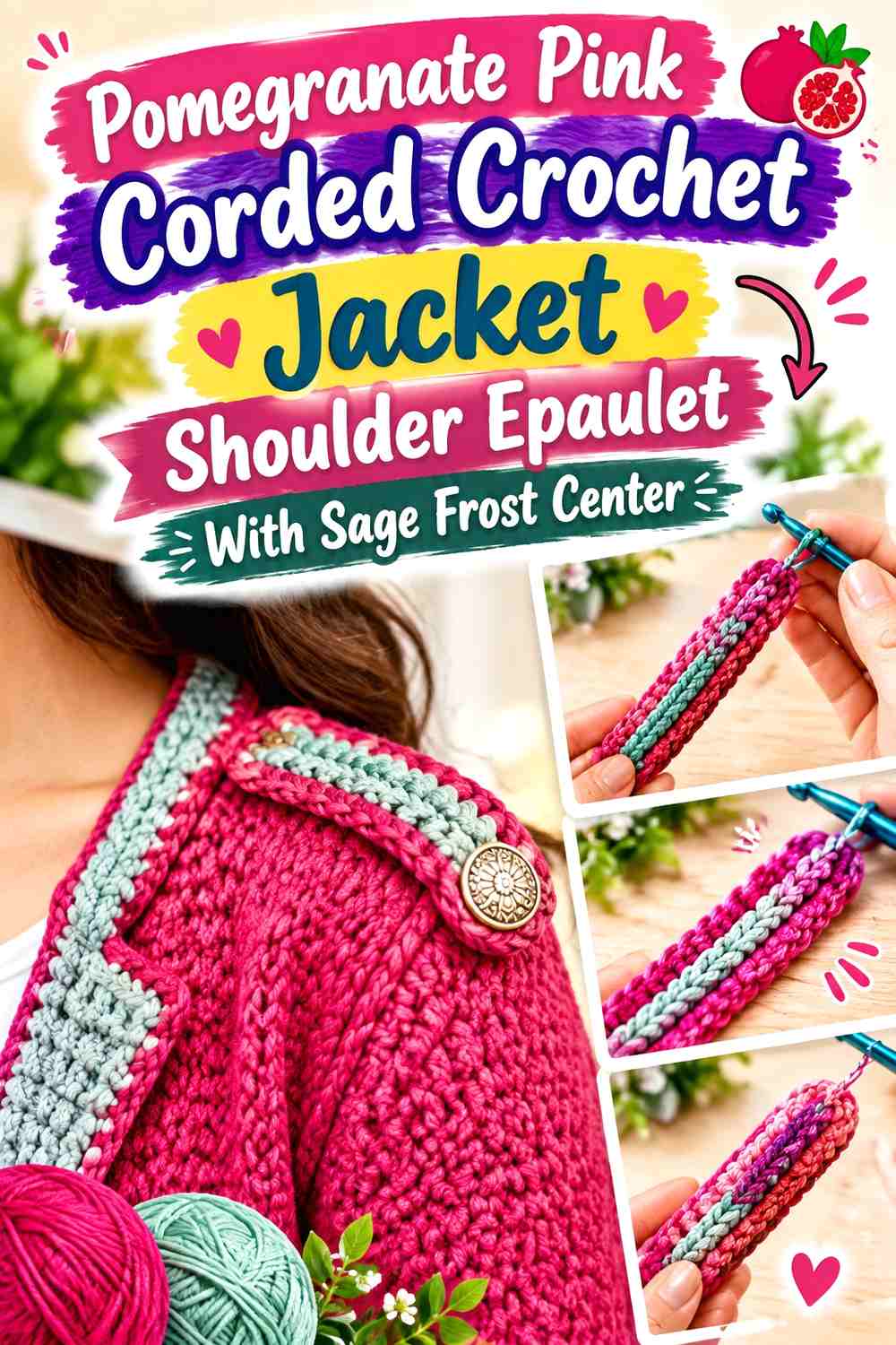 Pomegranate Pink Corded Crochet Jacket Shoulder Epaulet With Sage Frost Center