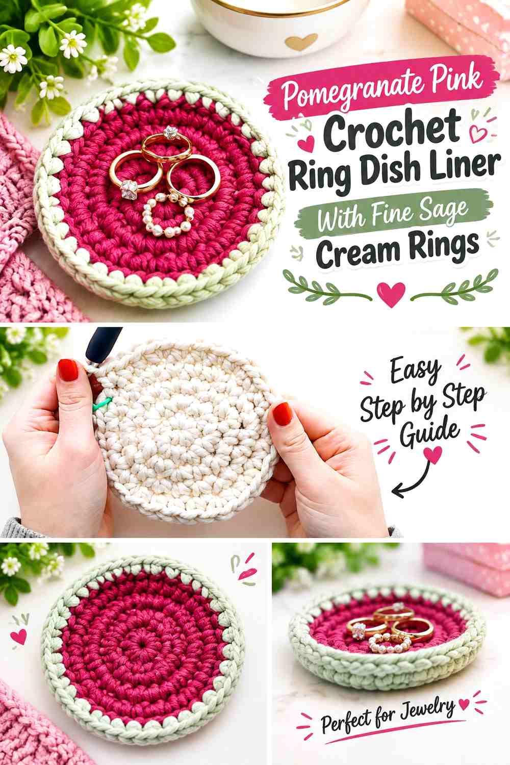 Pomegranate Pink Crochet Ring Dish Liner With Fine Sage Cream Rings
