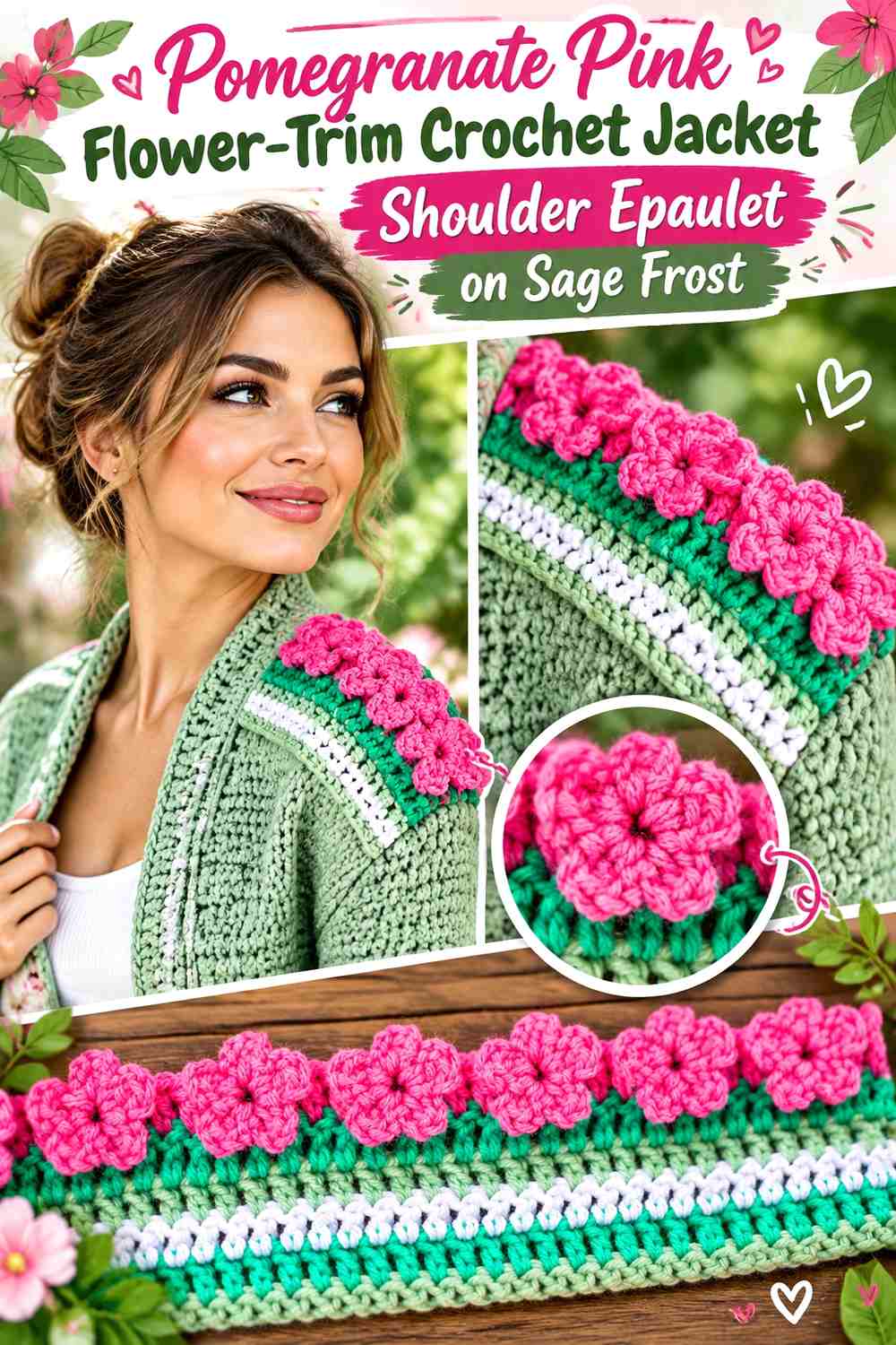 Pomegranate Pink Flower-Trim Crochet Jacket Shoulder Epaulet on Sage Frost