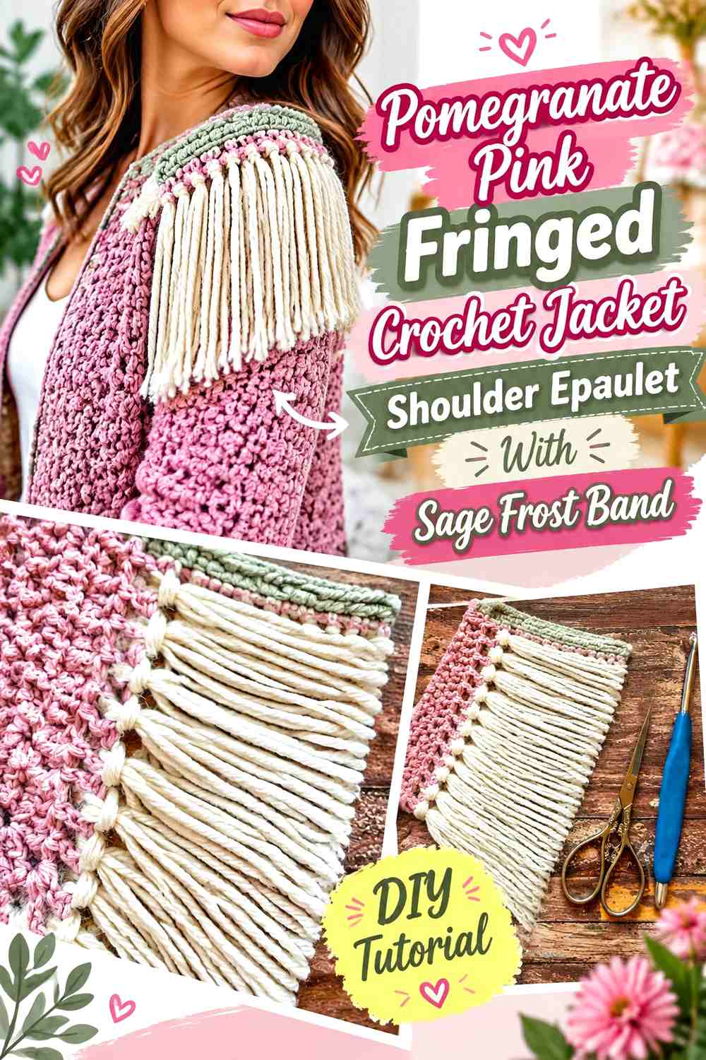 Pomegranate Pink Fringed Crochet Jacket Shoulder Epaulet With Sage Frost Band