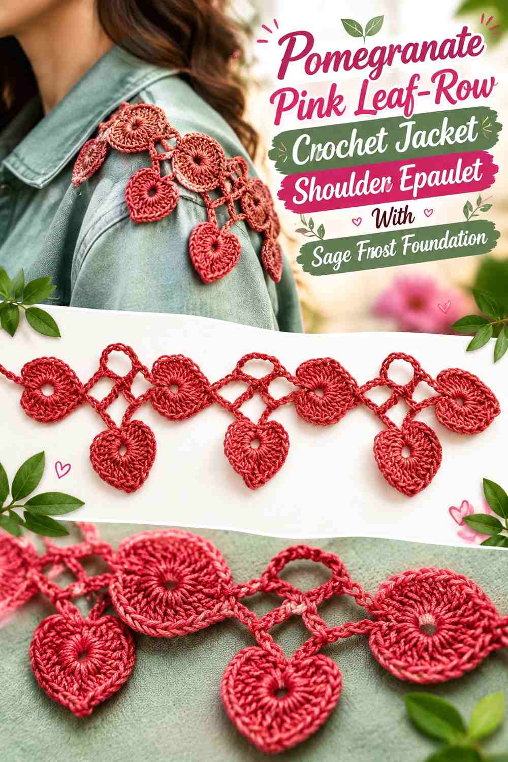 Pomegranate Pink Leaf-Row Crochet Jacket Shoulder Epaulet With Sage Frost Foundation