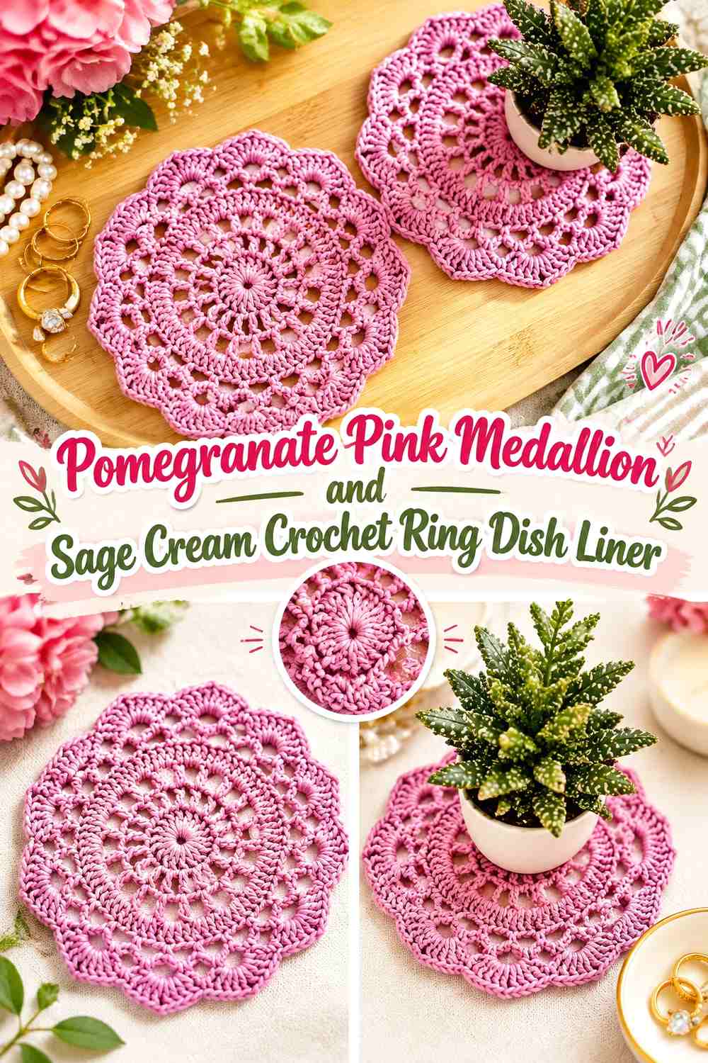Pomegranate Pink Medallion and Sage Cream Crochet Ring Dish Liner