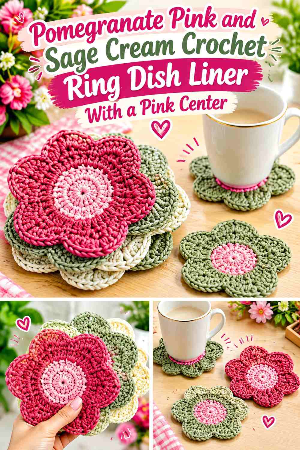 Pomegranate Pink and Sage Cream Crochet Ring Dish Liner With a Pink Center