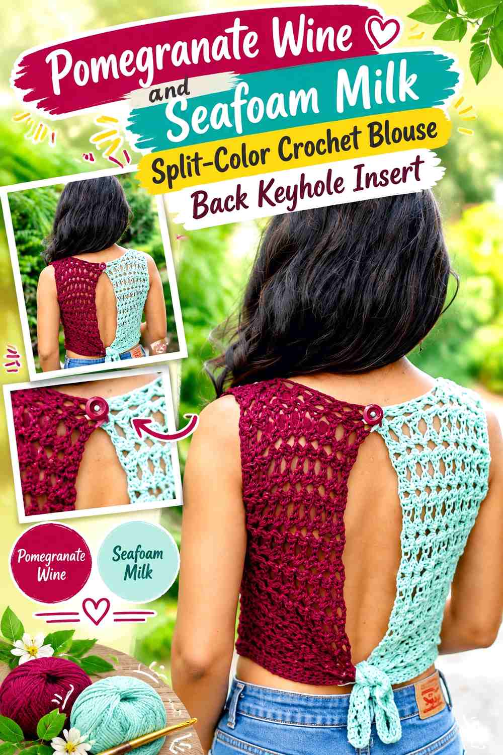 Pomegranate Wine and Seafoam Milk Split-Color Crochet Blouse Back Keyhole Insert