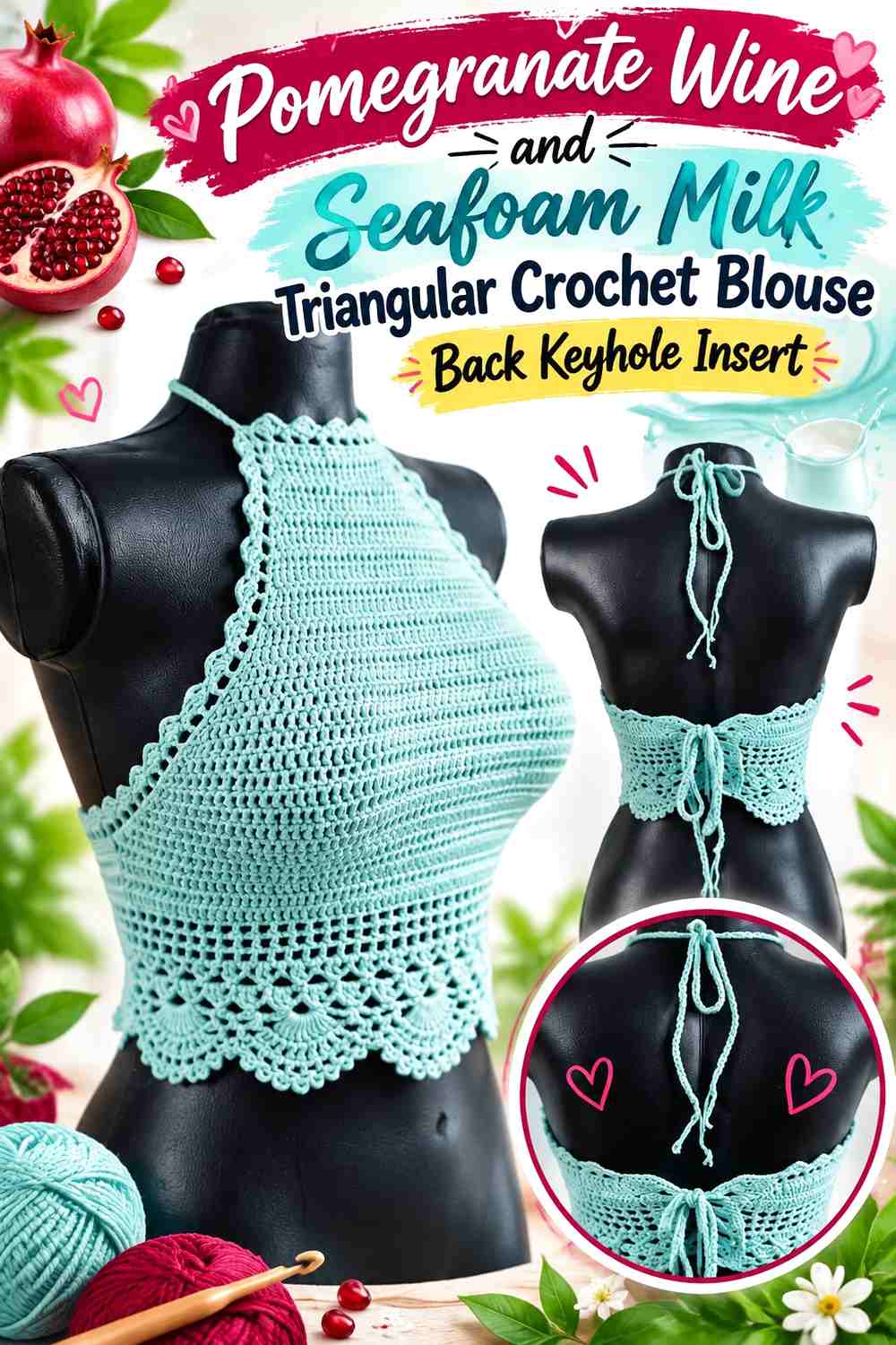 Pomegranate Wine and Seafoam Milk Triangular Crochet Blouse Back Keyhole Insert