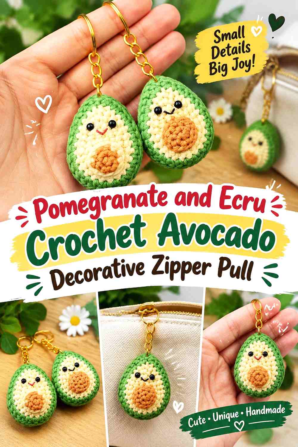 Pomegranate and Ecru Crochet Avocado Decorative Zipper Pull