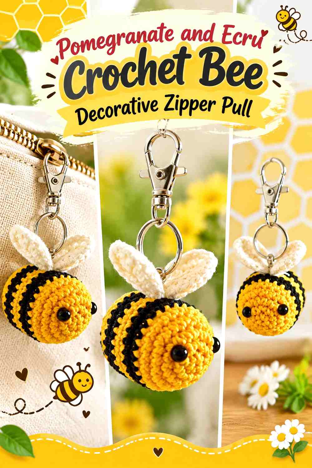 Pomegranate and Ecru Crochet Bee Decorative Zipper Pull