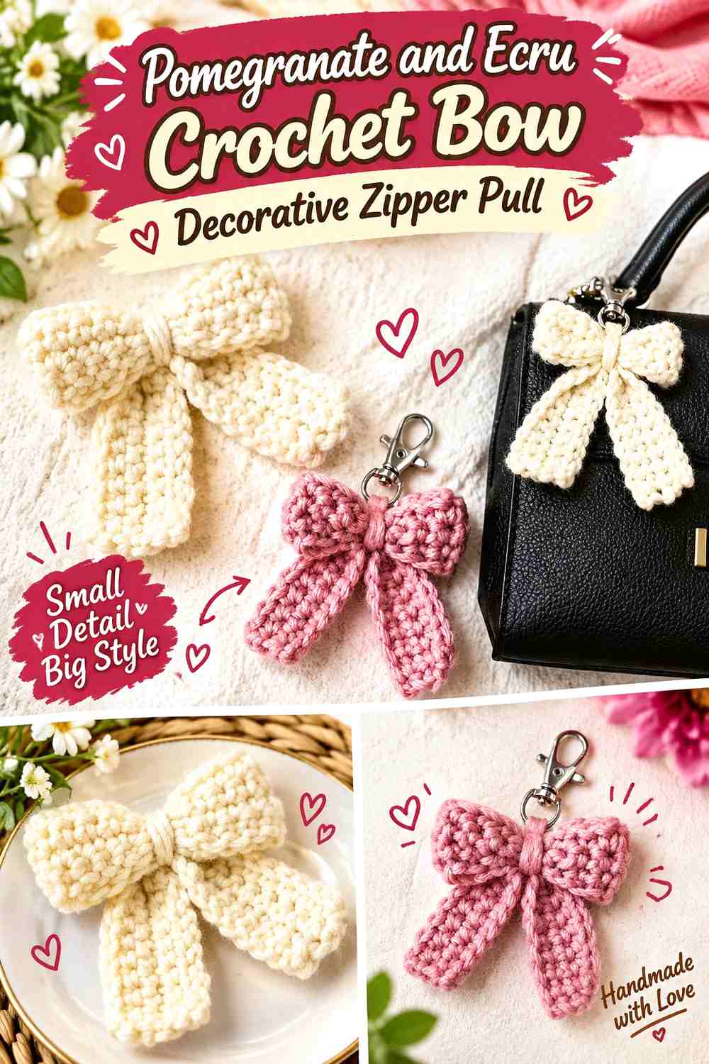 Pomegranate and Ecru Crochet Bow Decorative Zipper Pull