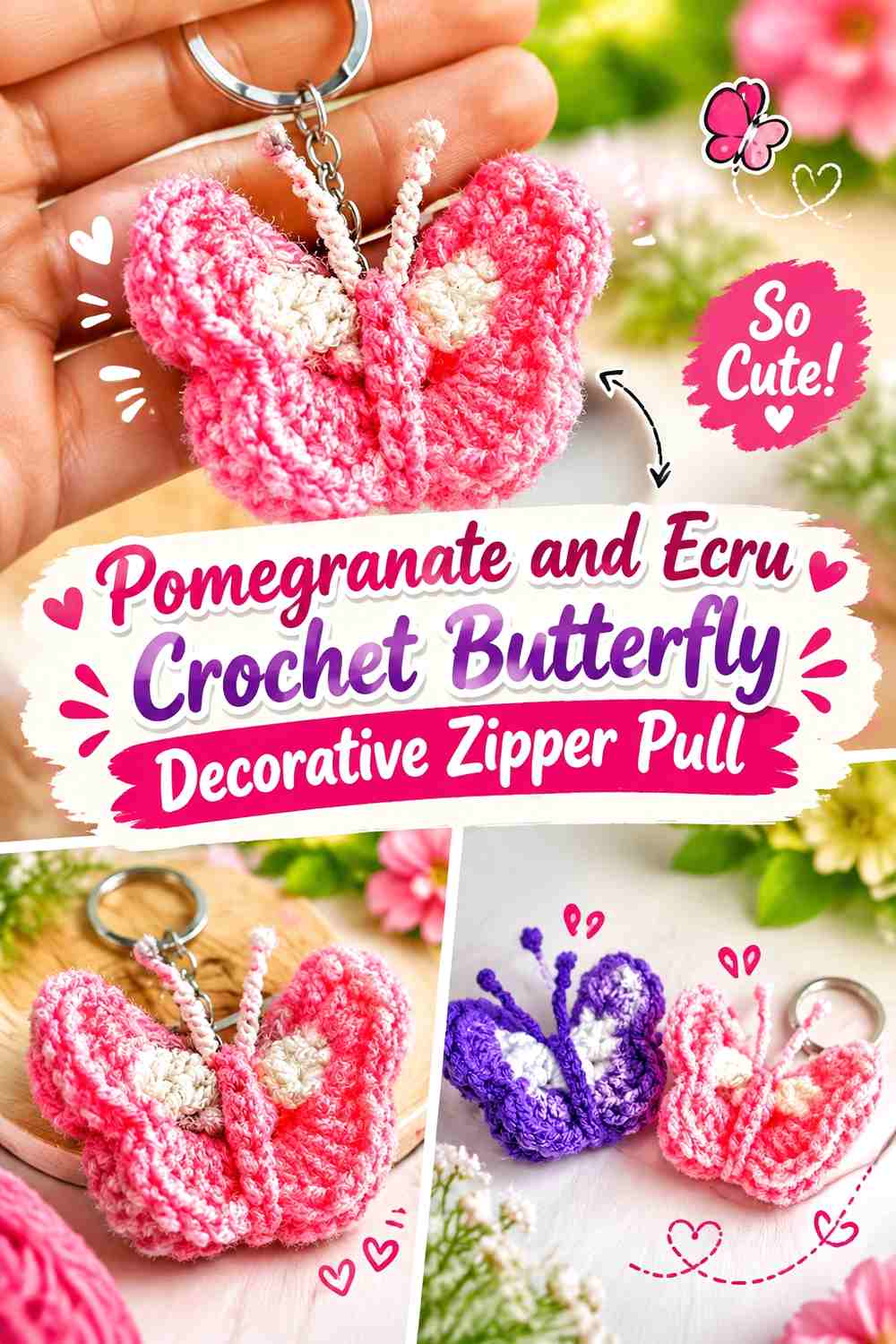 Pomegranate and Ecru Crochet Butterfly Decorative Zipper Pull