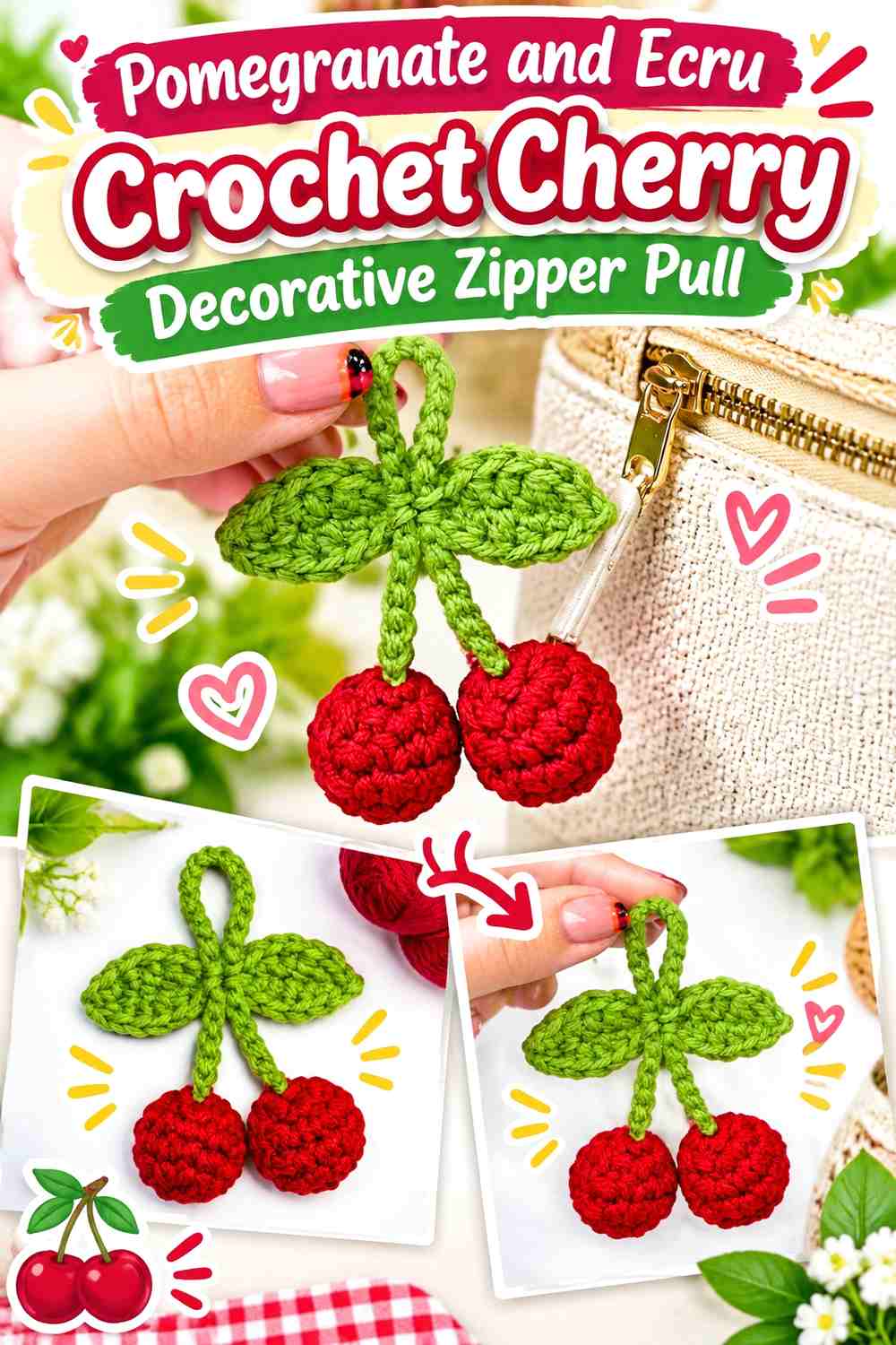 Pomegranate and Ecru Crochet Cherry Decorative Zipper Pull