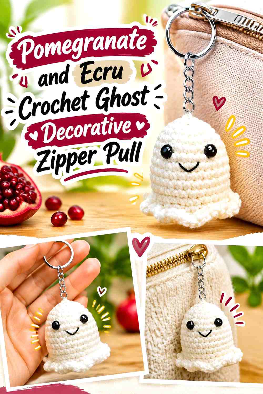 Pomegranate and Ecru Crochet Ghost Decorative Zipper Pull