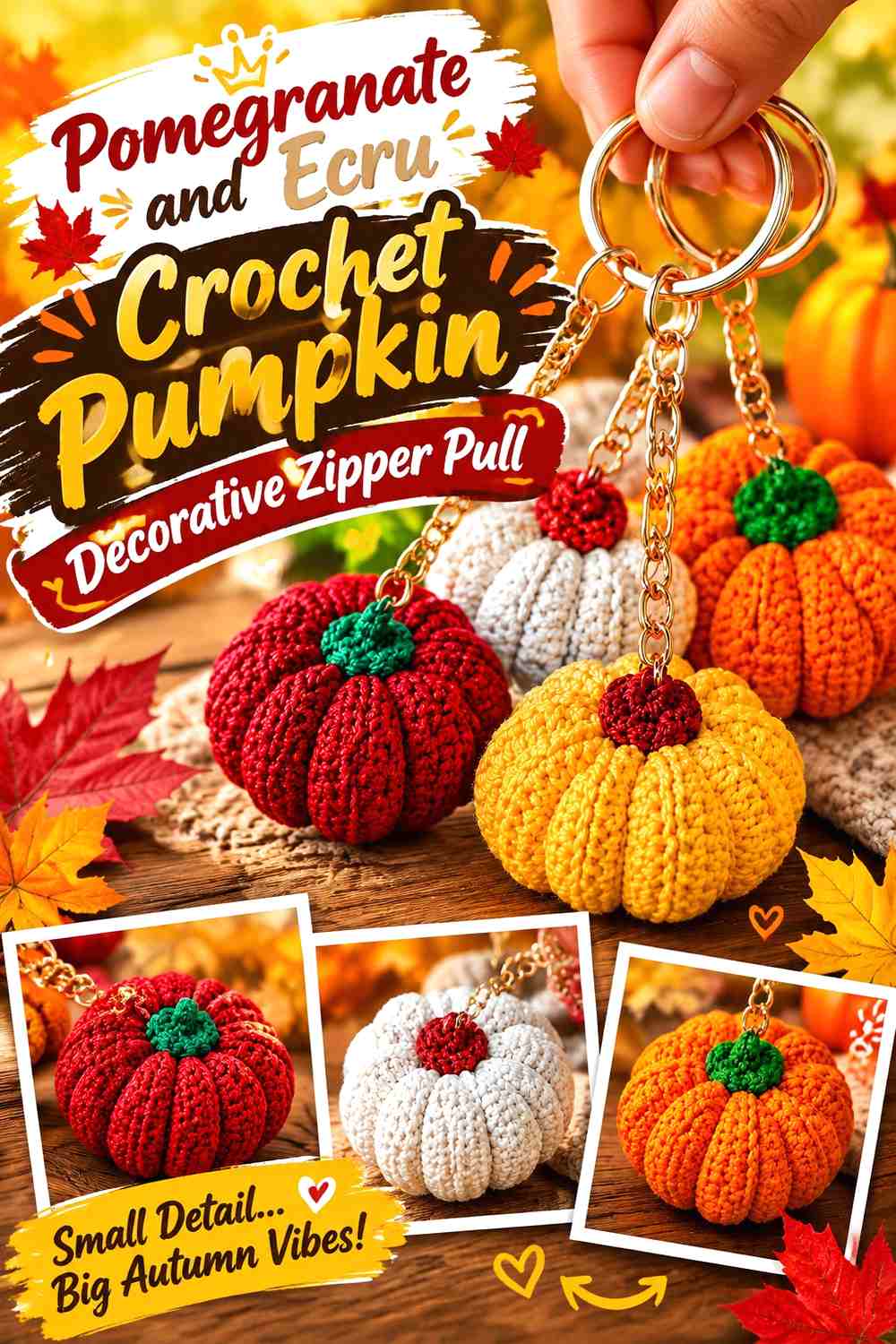 Pomegranate and Ecru Crochet Pumpkin Decorative Zipper Pull