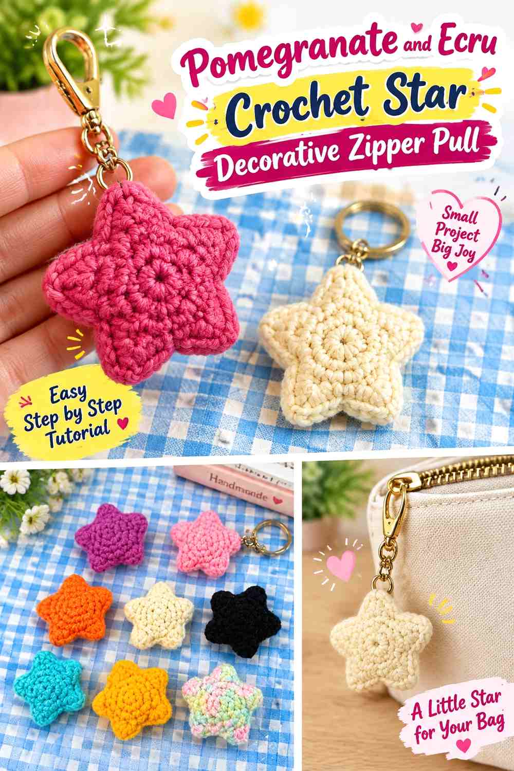 Pomegranate and Ecru Crochet Star Decorative Zipper Pull