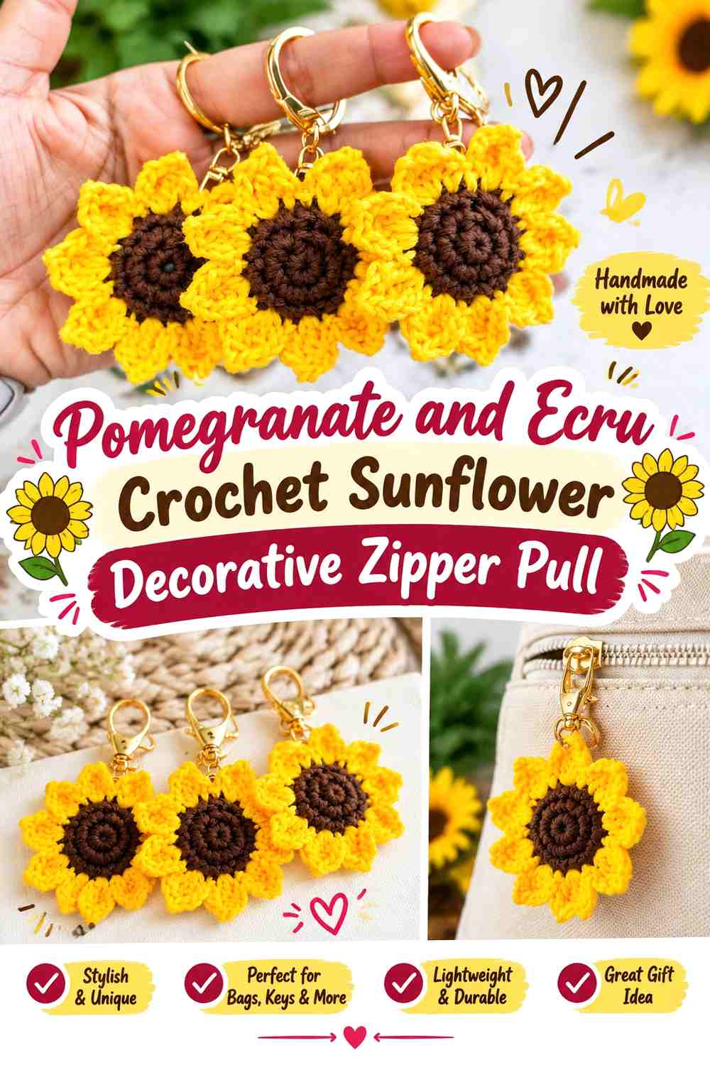 Pomegranate and Ecru Crochet Sunflower Decorative Zipper Pull