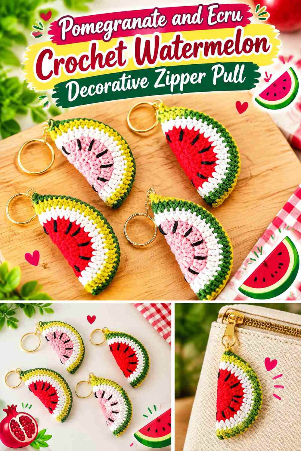 Pomegranate and Ecru Crochet Watermelon Decorative Zipper Pull