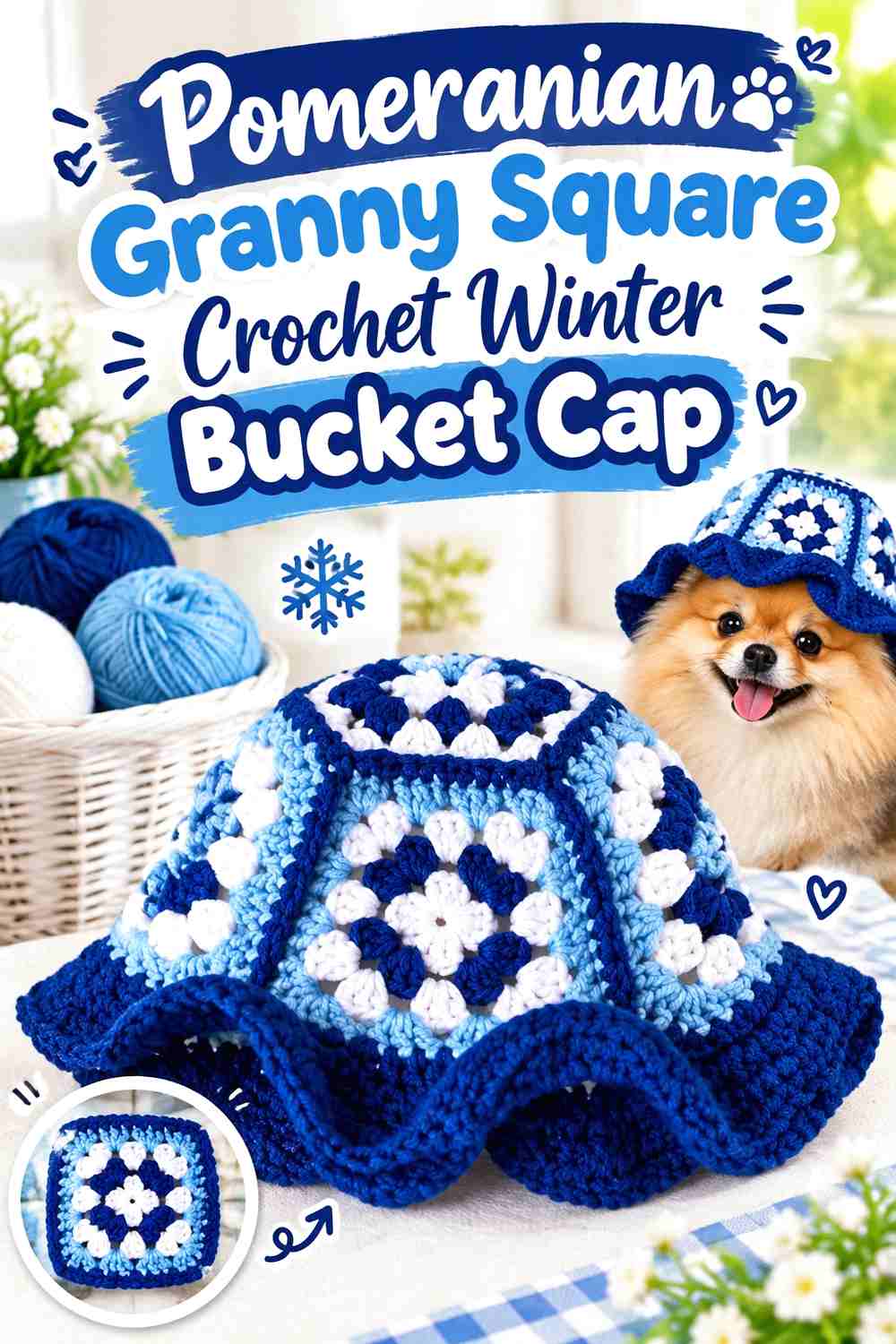 Pomeranian Granny Square Crochet Winter Bucket Cap