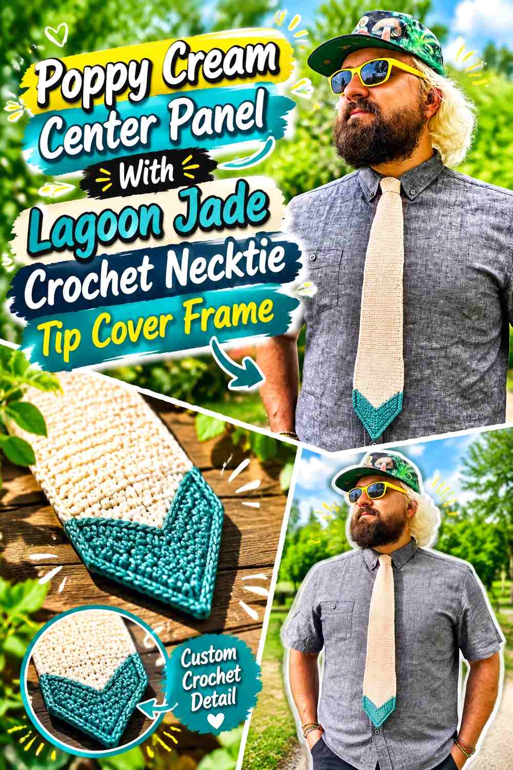 Poppy Cream Center Panel With Lagoon Jade Crochet Necktie Tip Cover Frame