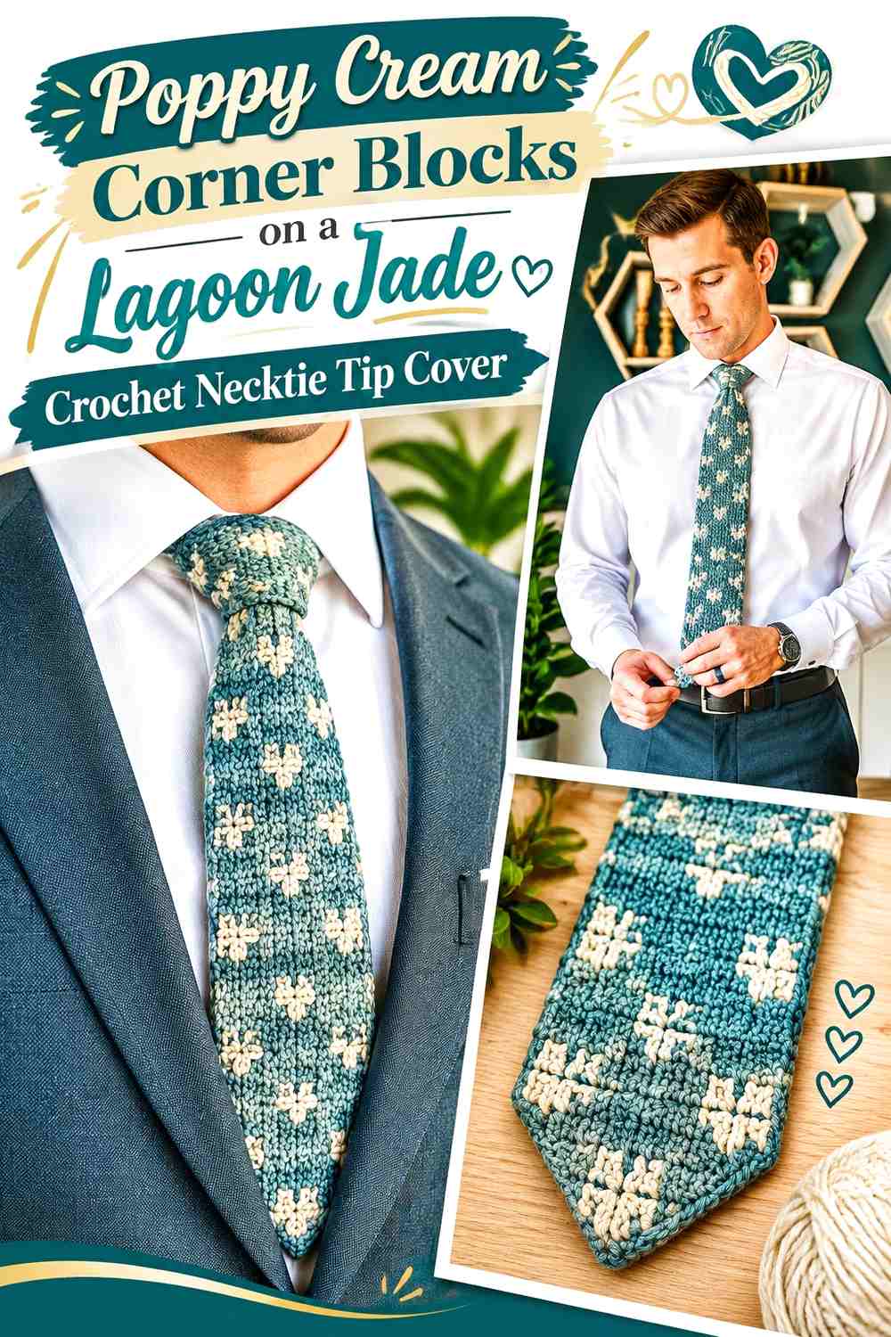 Poppy Cream Corner Blocks on a Lagoon Jade Crochet Necktie Tip Cover
