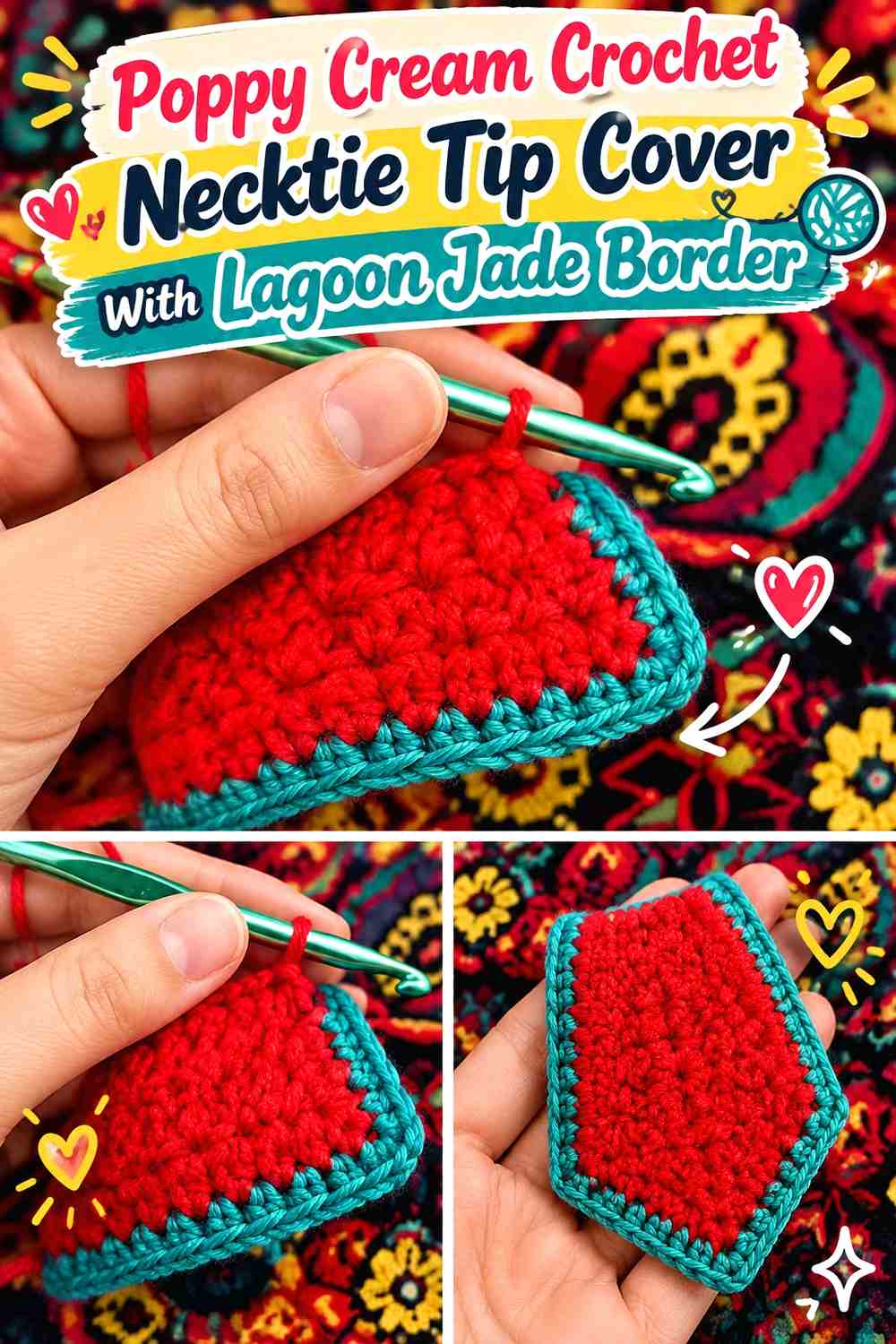 Poppy Cream Crochet Necktie Tip Cover With Lagoon Jade Border