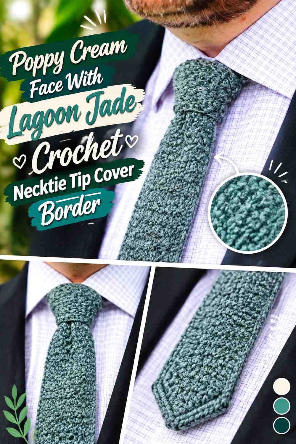 Poppy Cream Face With Lagoon Jade Crochet Necktie Tip Cover Border