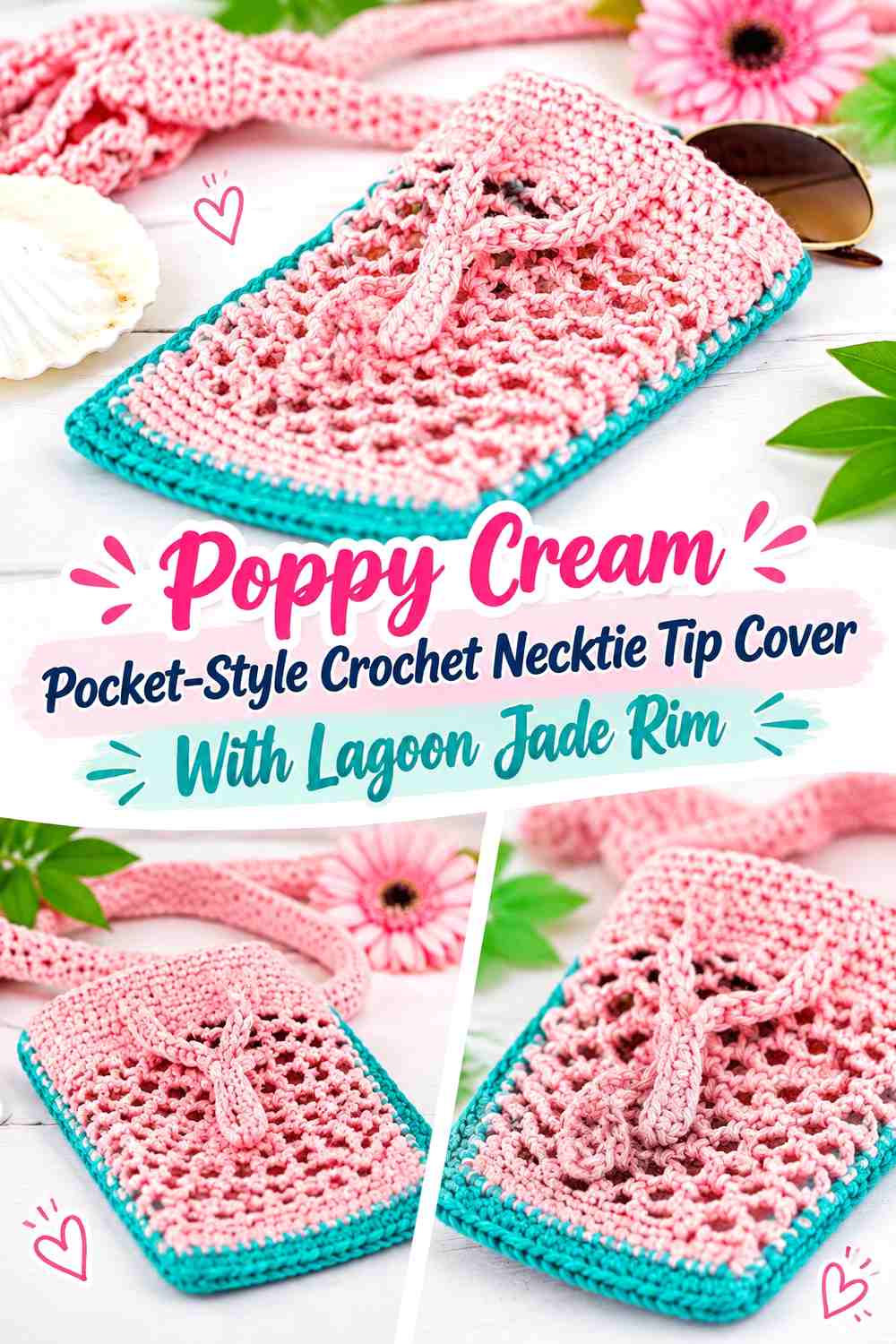 Poppy Cream Pocket-Style Crochet Necktie Tip Cover With Lagoon Jade Rim