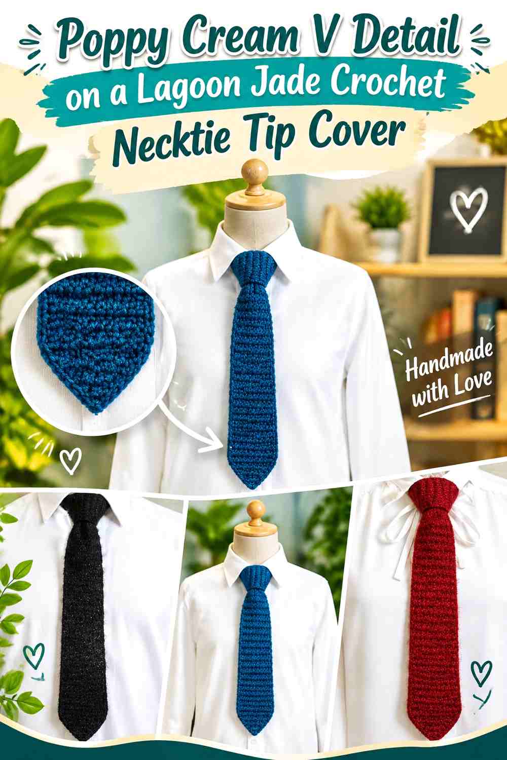 Poppy Cream V Detail on a Lagoon Jade Crochet Necktie Tip Cover