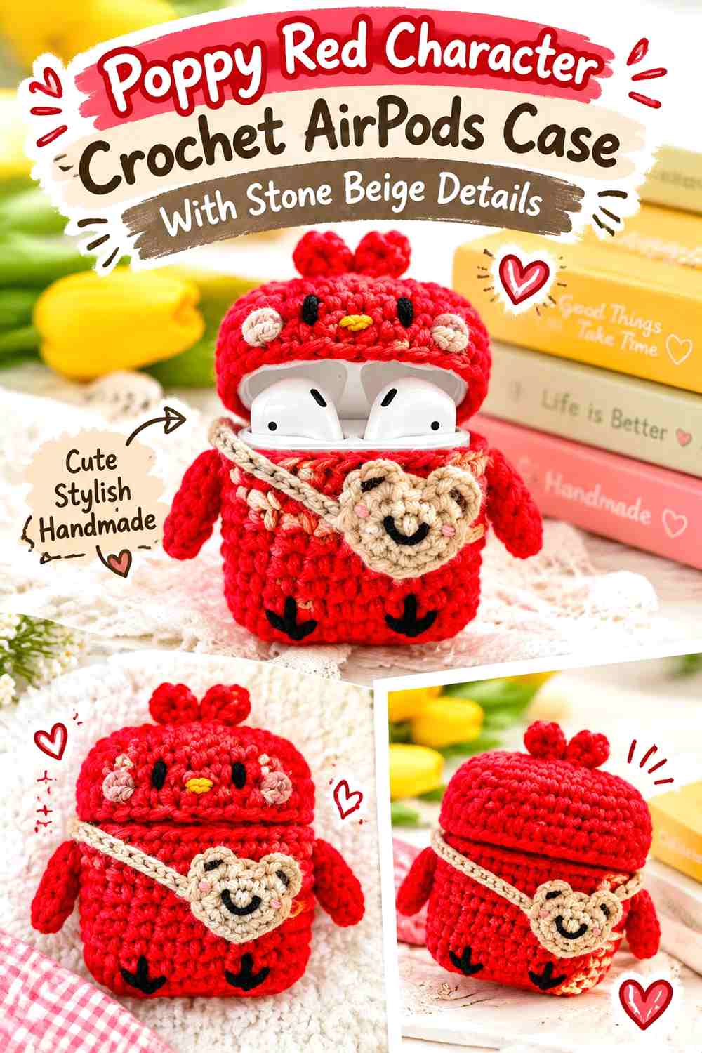 11. Poppy Red Character Crochet Airpods Case With Stone Beige Details