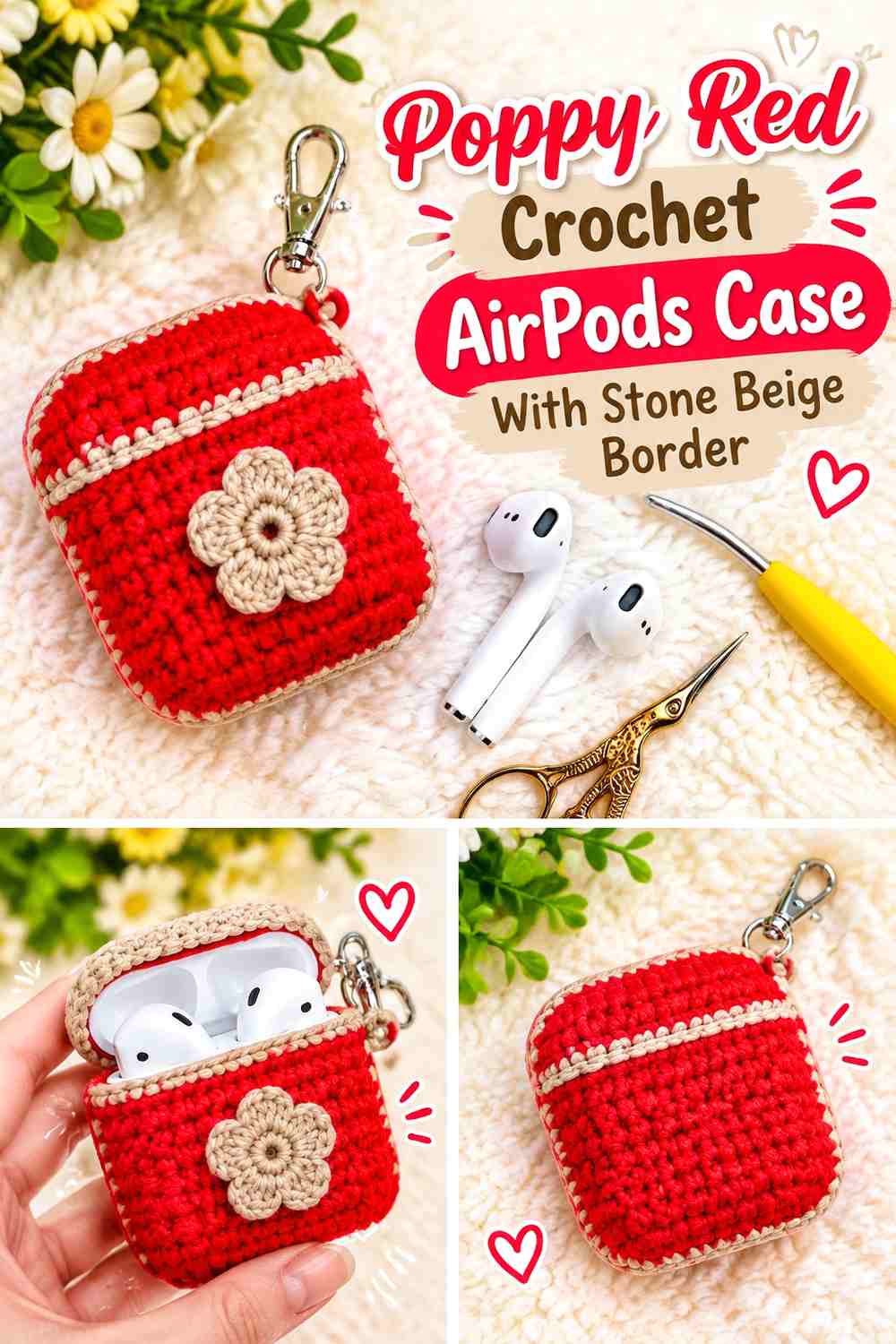 4. Poppy Red Crochet Airpods Case With Stone Beige Border