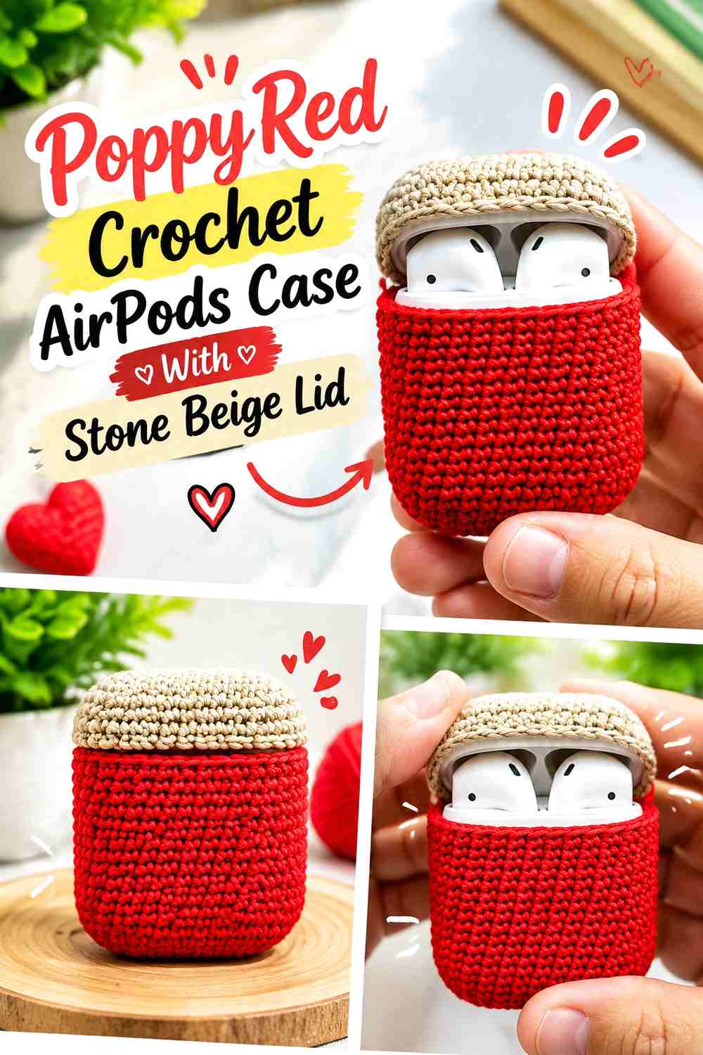 2. Poppy Red Crochet Airpods Case With Stone Beige Lid