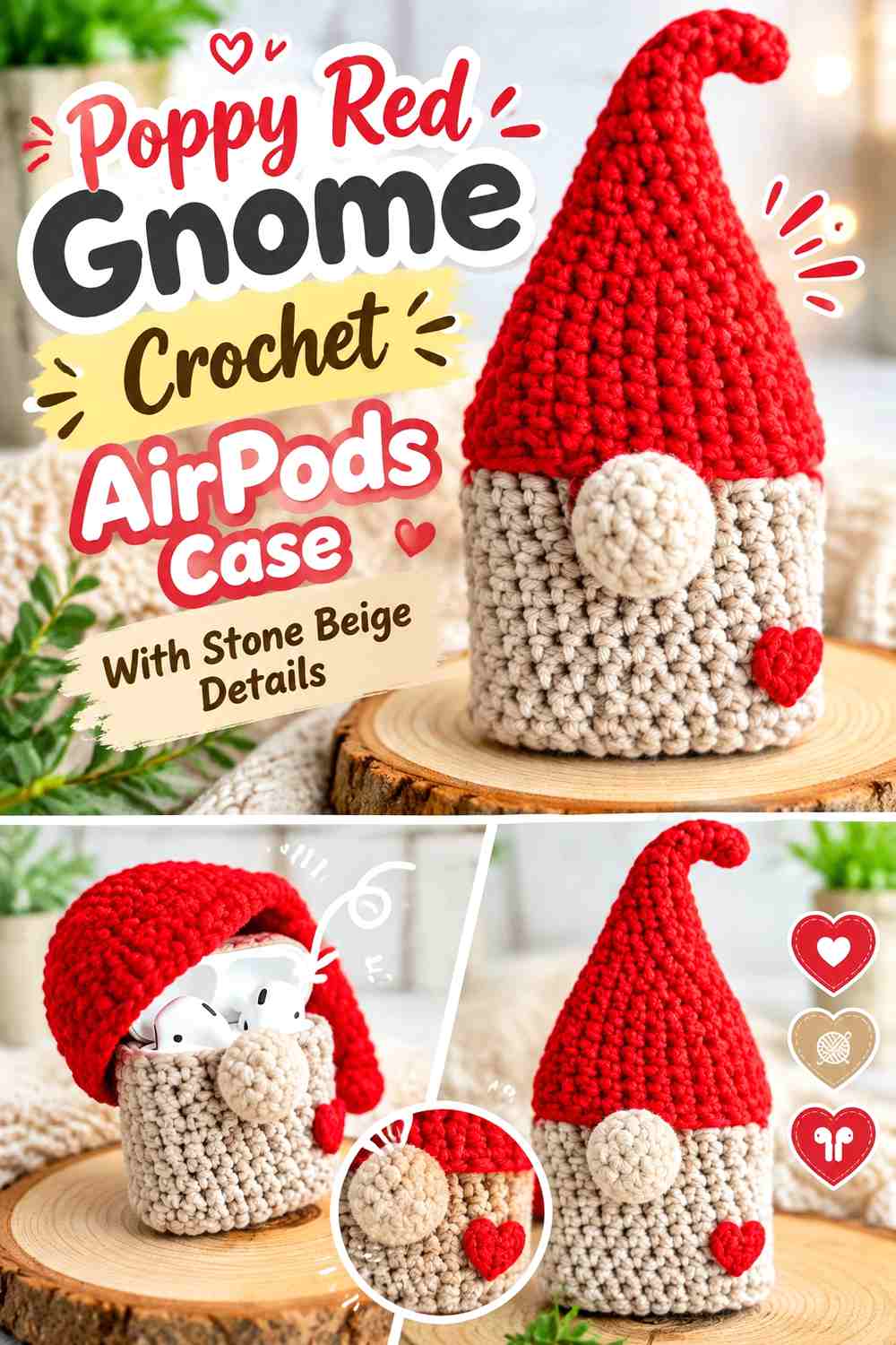 9. Poppy Red Gnome Crochet Airpods Case With Stone Beige Details