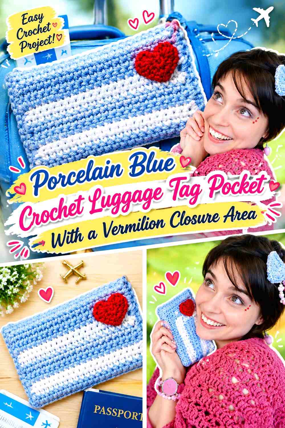 Porcelain Blue Crochet Luggage Tag Pocket With a Vermilion Closure Area