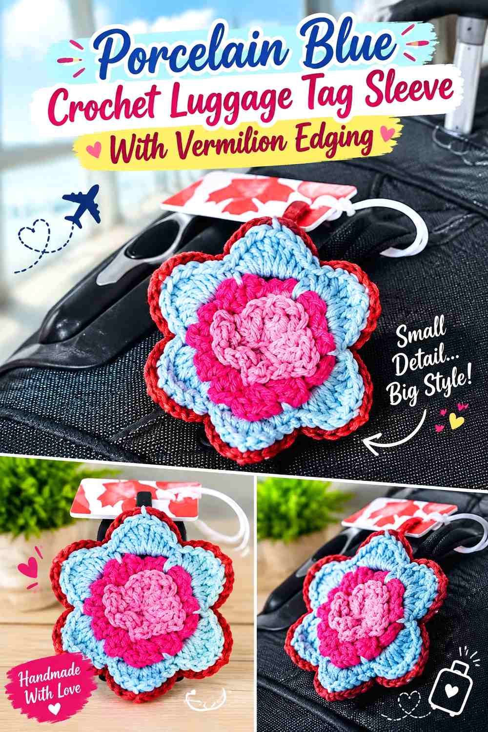 Porcelain Blue Crochet Luggage Tag Sleeve With Vermilion Edging