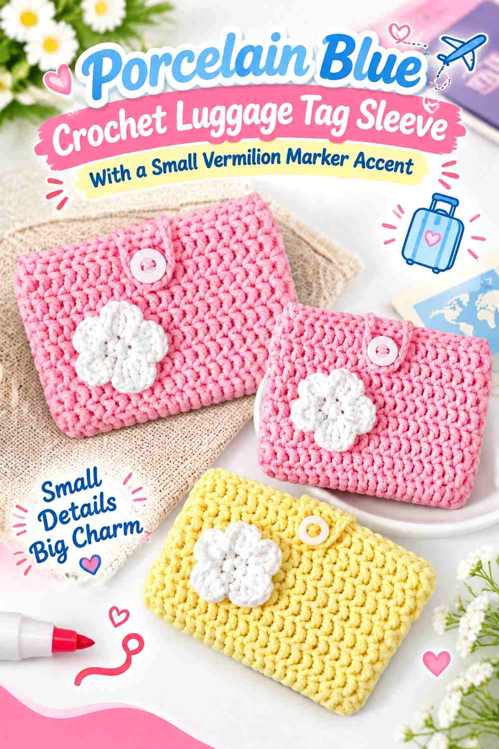Porcelain Blue Crochet Luggage Tag Sleeve With a Small Vermilion Marker Accent