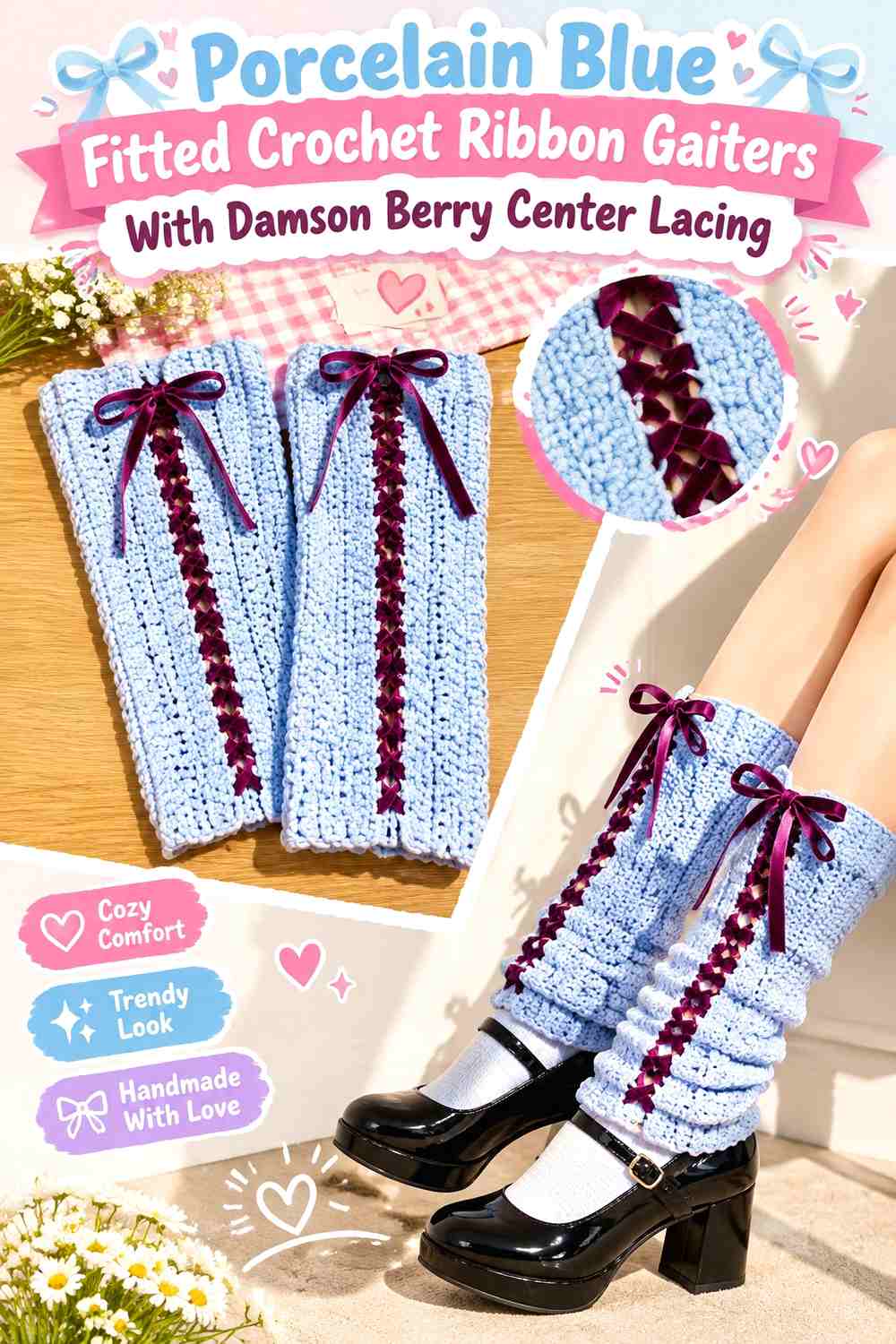 Porcelain Blue Fitted Crochet Ribbon Gaiters With Damson Berry Center Lacing
