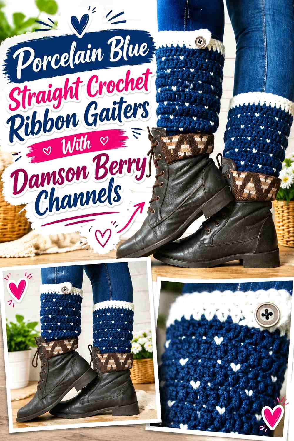 Porcelain Blue Straight Crochet Ribbon Gaiters With Damson Berry Channels