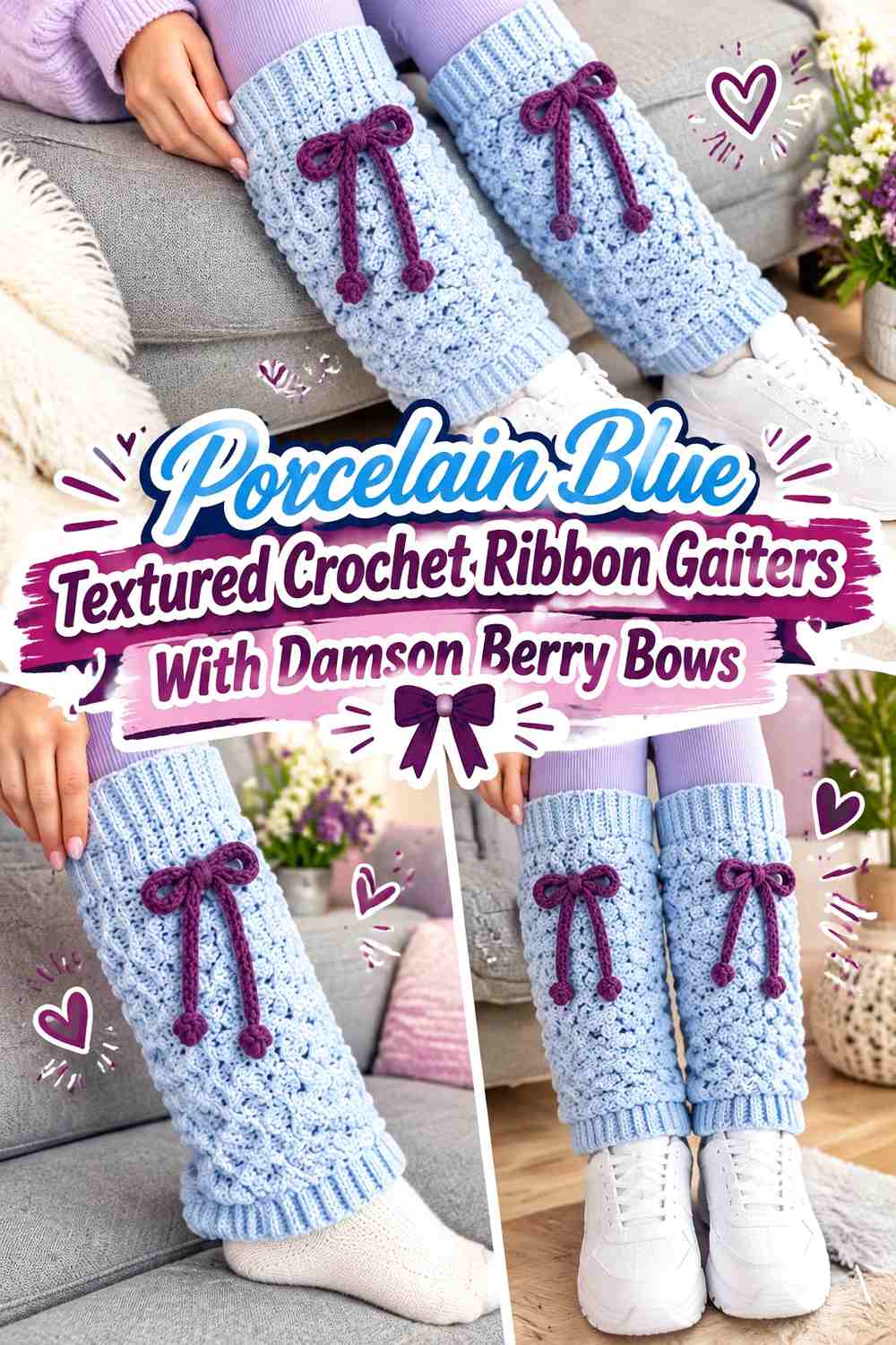 Porcelain Blue Textured Crochet Ribbon Gaiters With Damson Berry Bows