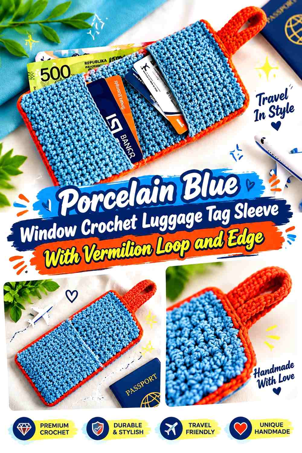 Porcelain Blue Window Crochet Luggage Tag Sleeve With Vermilion Loop and Edge