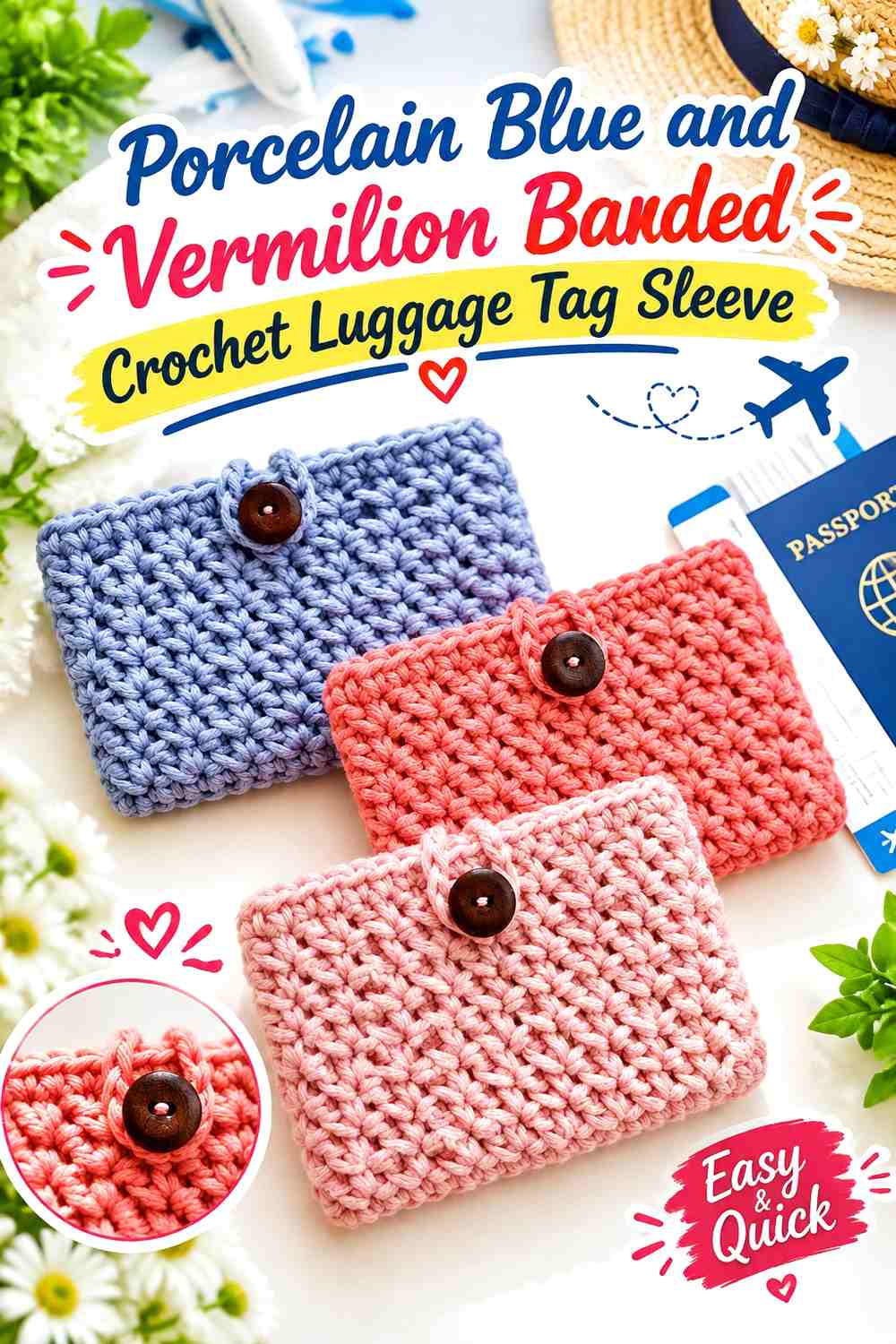 Porcelain Blue and Vermilion Banded Crochet Luggage Tag Sleeve