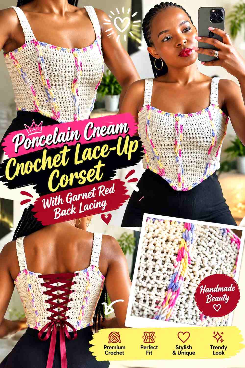 Porcelain Cream Crochet Lace-Up Corset With Garnet Red Back Lacing