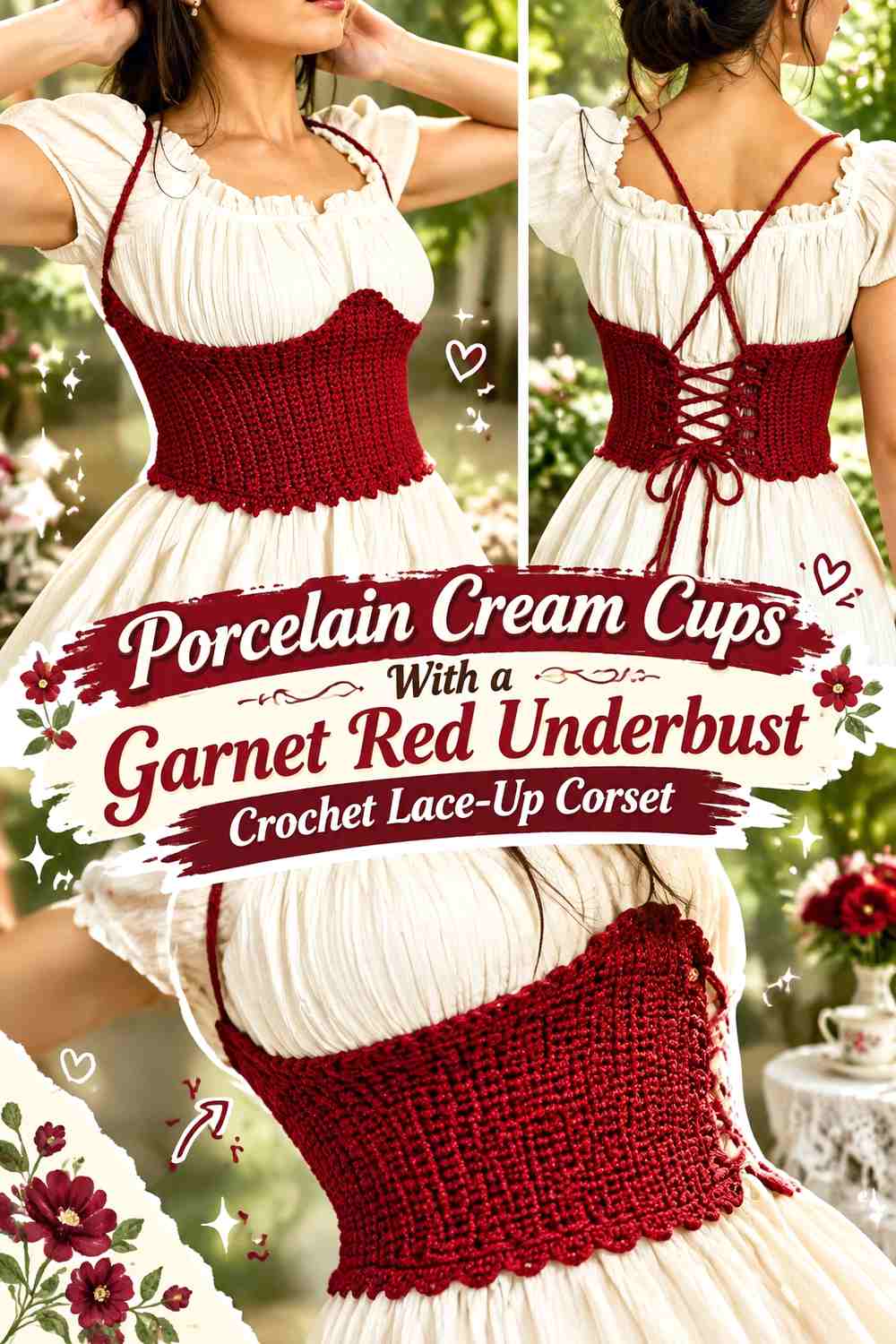 Porcelain Cream Cups With a Garnet Red Underbust Crochet Lace-Up Corset