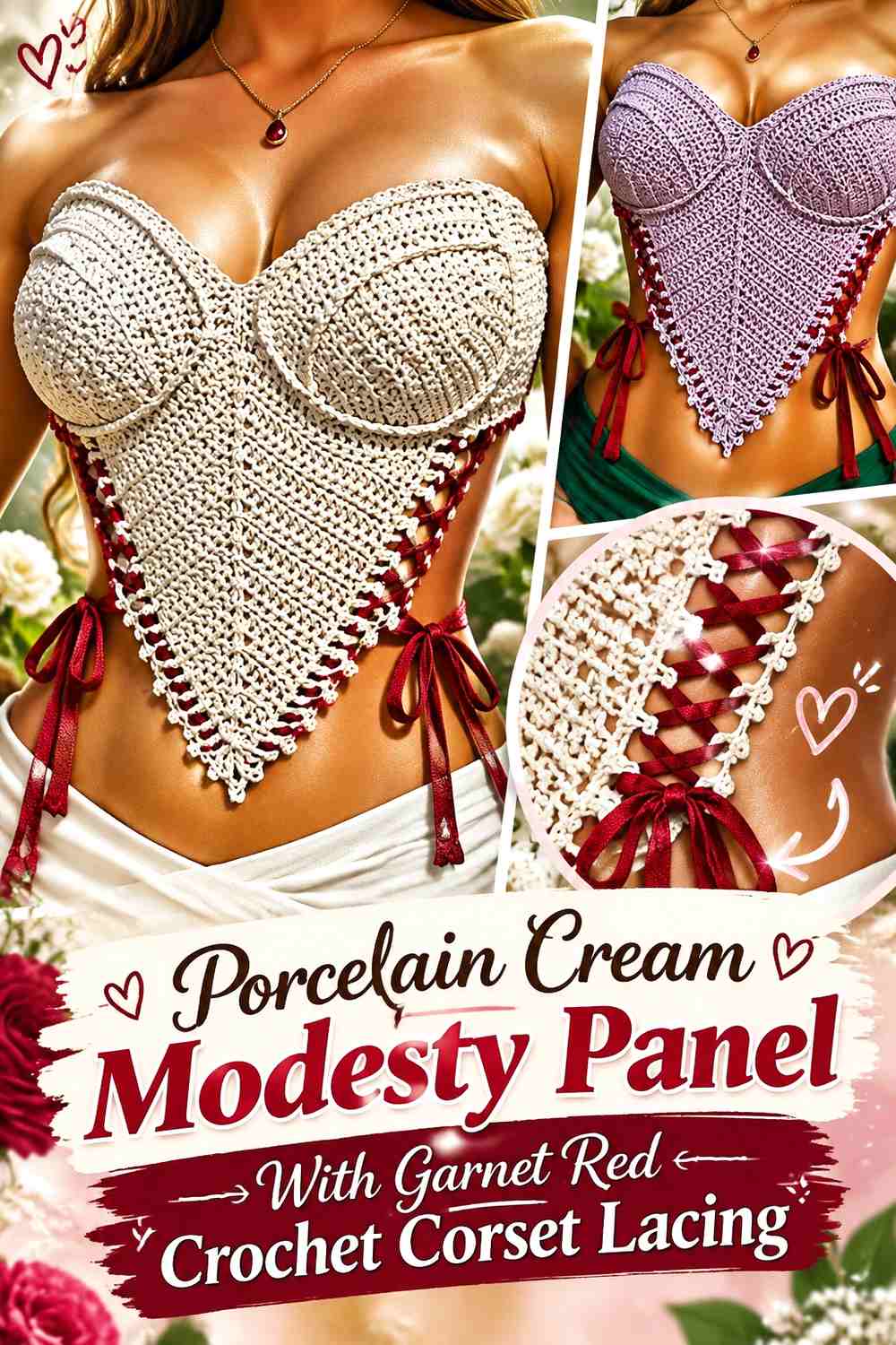 Porcelain Cream Modesty Panel With Garnet Red Crochet Corset Lacing