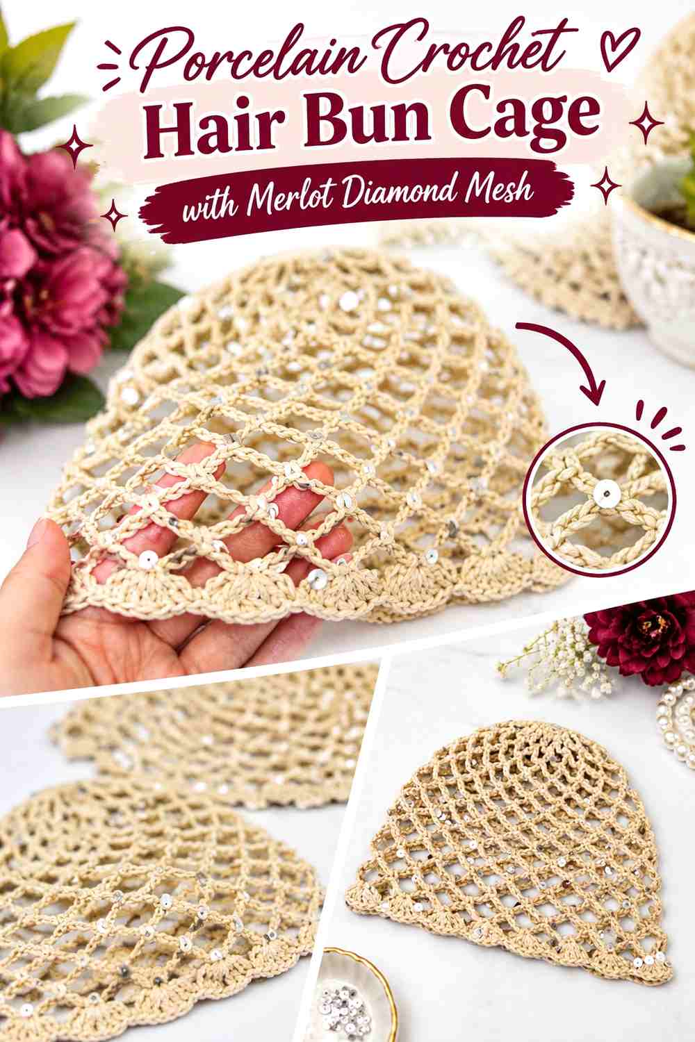 Porcelain Crochet Hair Bun Cage with Merlot Diamond Mesh