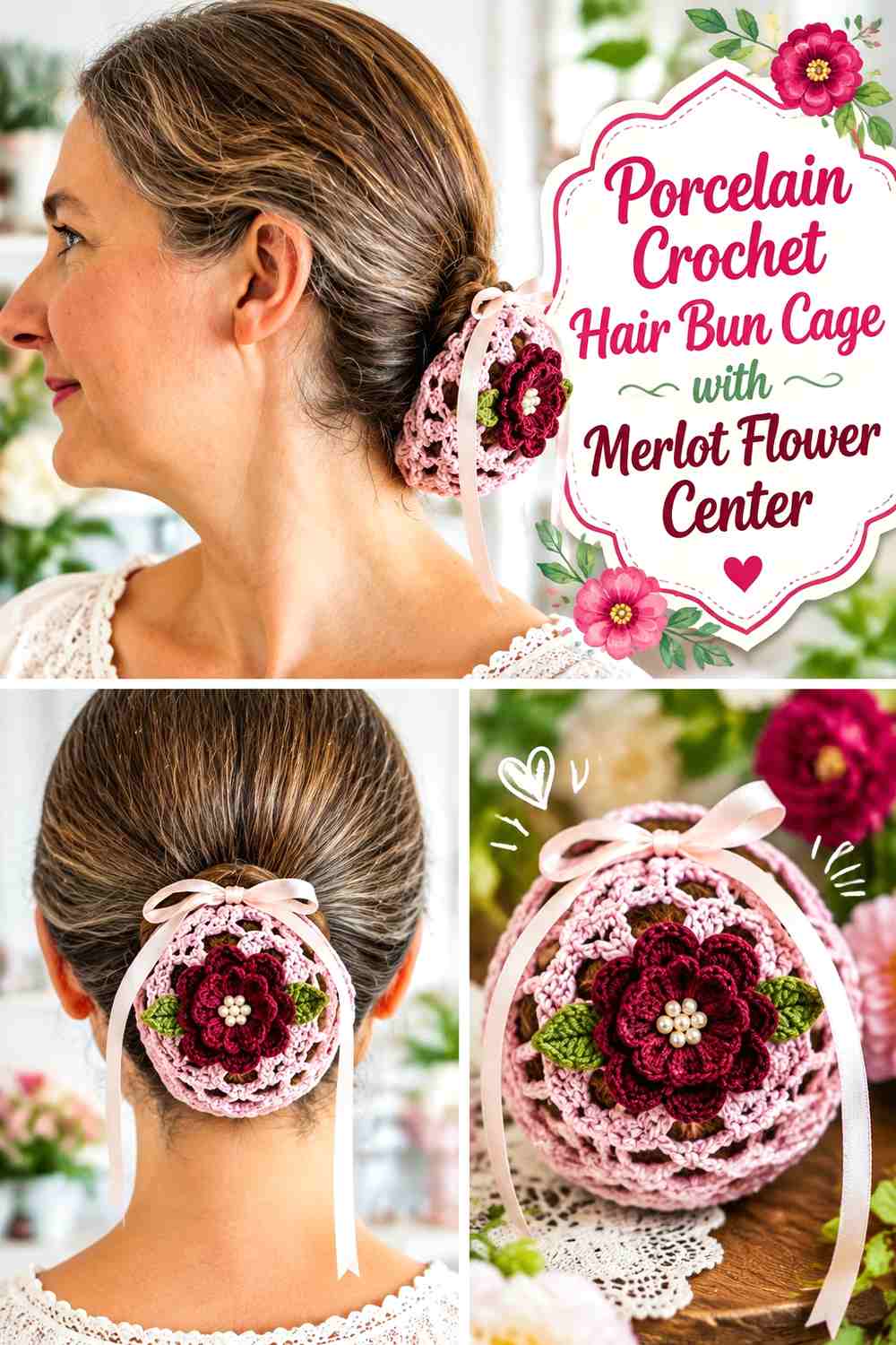 Porcelain Crochet Hair Bun Cage with Merlot Flower Center