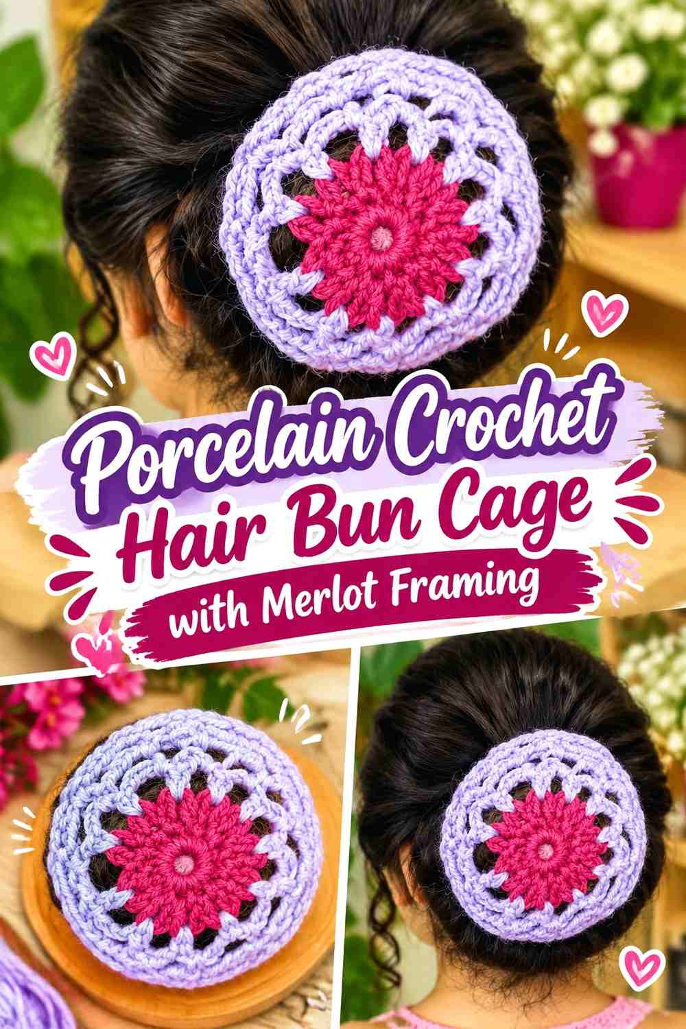Porcelain Crochet Hair Bun Cage with Merlot Framing