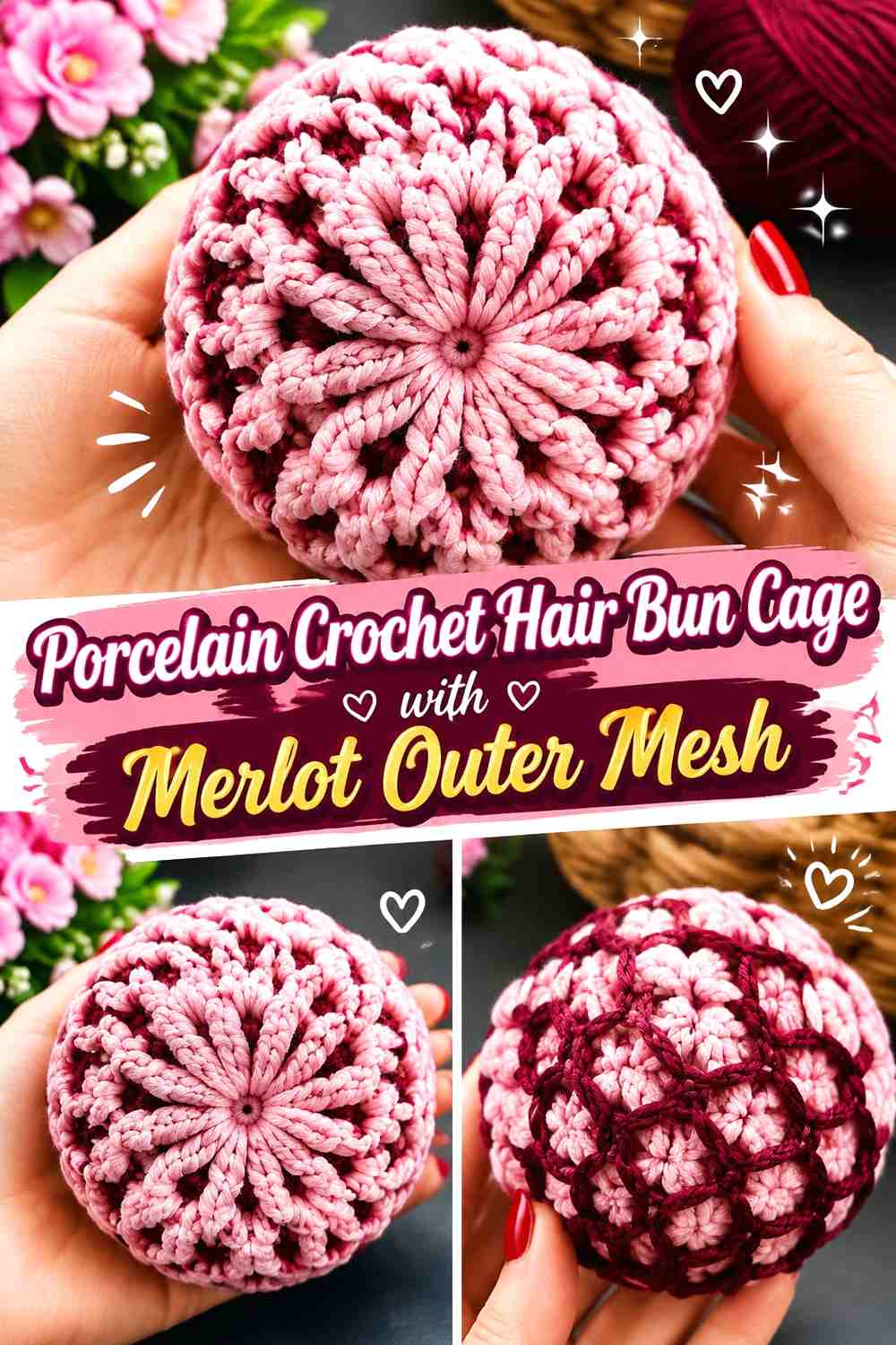Porcelain Crochet Hair Bun Cage with Merlot Outer Mesh