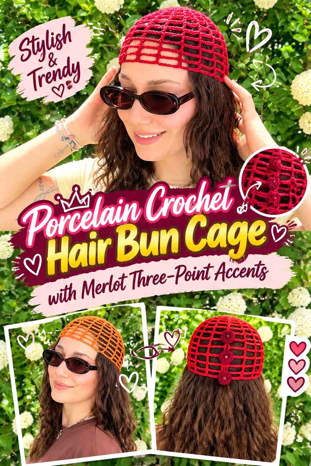 Porcelain Crochet Hair Bun Cage with Merlot Three Point Accents
