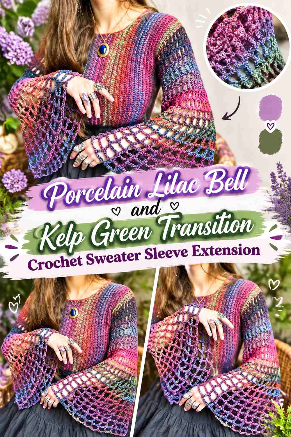 Porcelain Lilac Bell and Kelp Green Transition Crochet Sweater Sleeve Extension