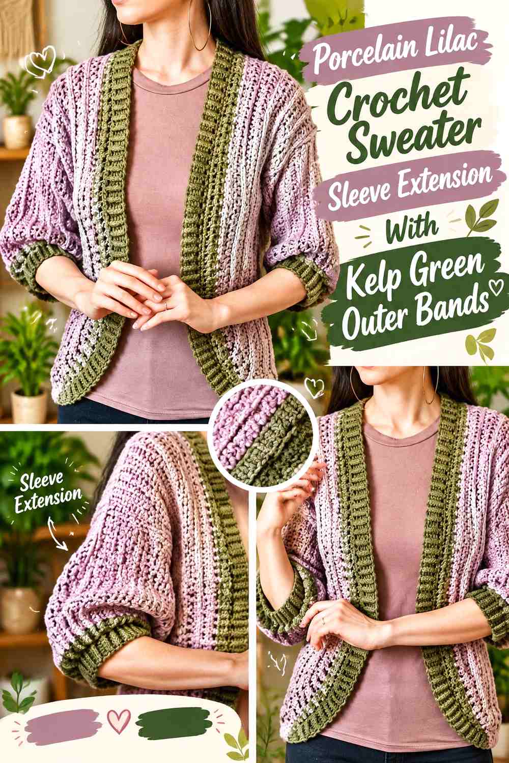 Porcelain Lilac Crochet Sweater Sleeve Extension With Kelp Green Outer Bands